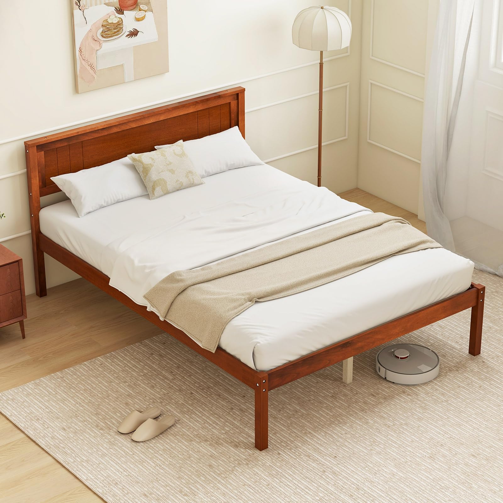 Wooden Platform Bed Frame with Headboard & Wood Slat Support