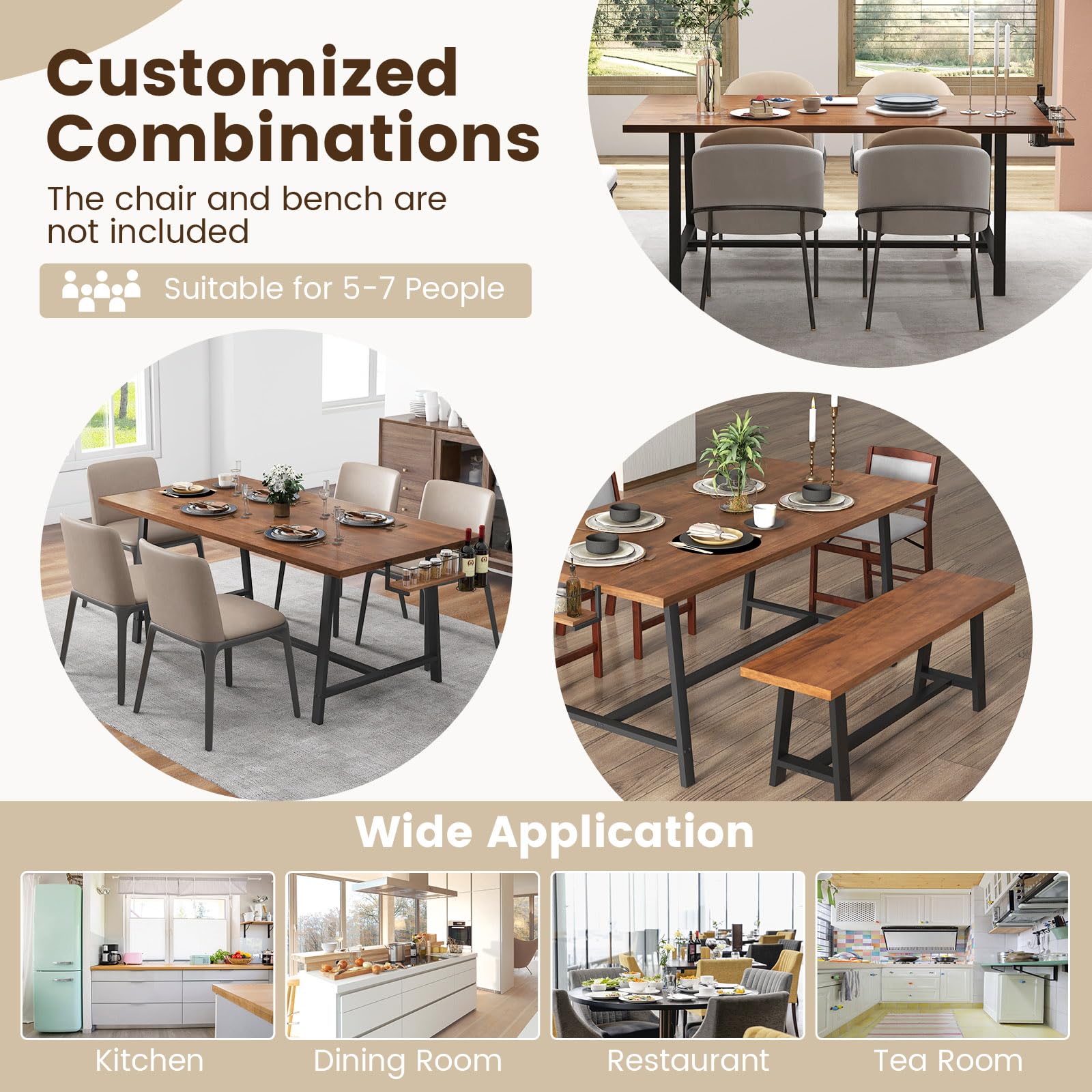 72-Inch Dining Table for 5-7, Rectangular Kitchen Table with 2-Bottle Wine Rack, Condiment Holder & Metal Footrest