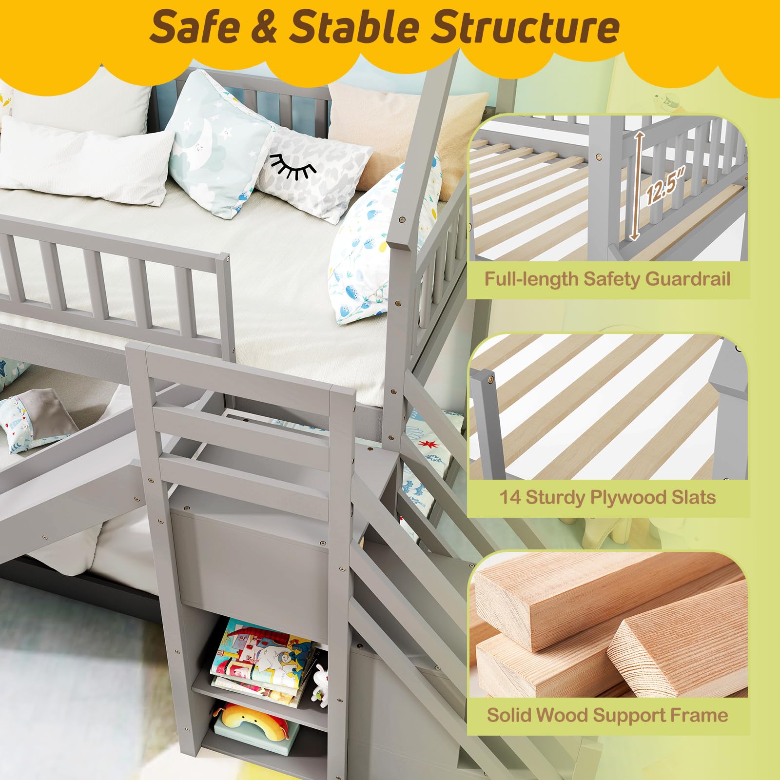 Twin Over Twin  Wood House Bunk Bed with Slide & Stairs, Storage Shelves