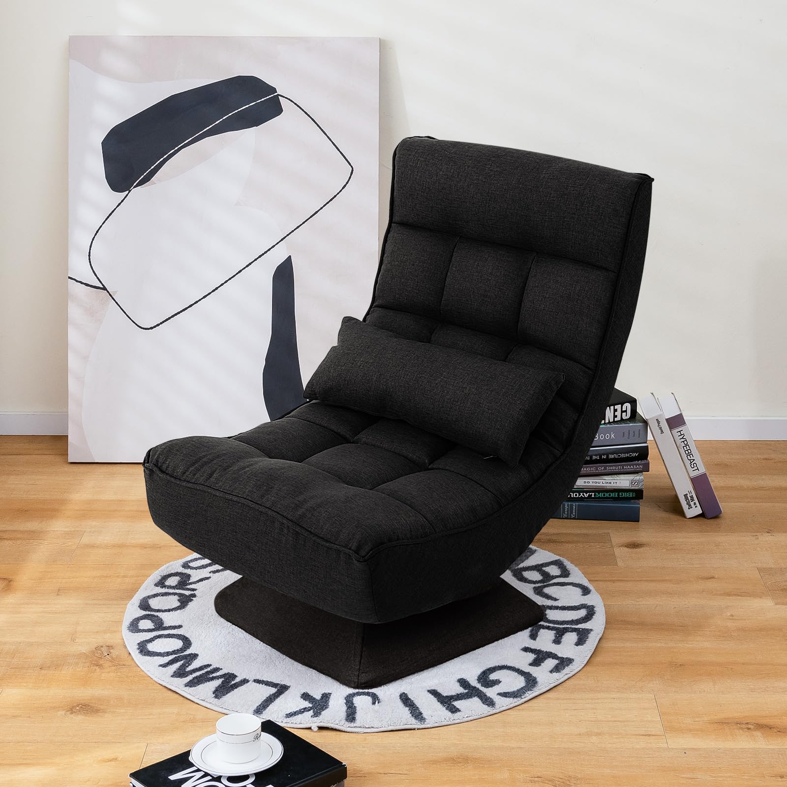 Adjustable Swivel Floor Chair, 5 Position Video Game Chair with Massage Lumbar Pillow, Swivel Base, Steel Frame