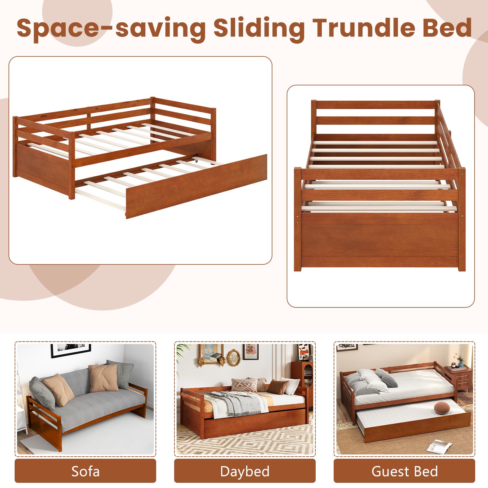 Twin Daybed with Trundle, Wood Trundle Bed with Wood Slat Support