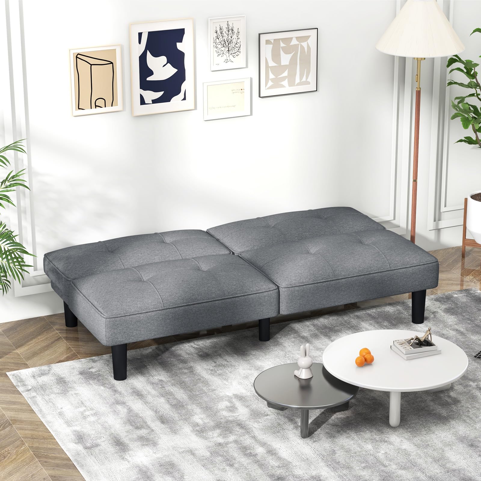 Convertible Futon Sofa Bed, Upholstered Folding Linen Sleeper Couch with 6-Position Adjustable Backrest