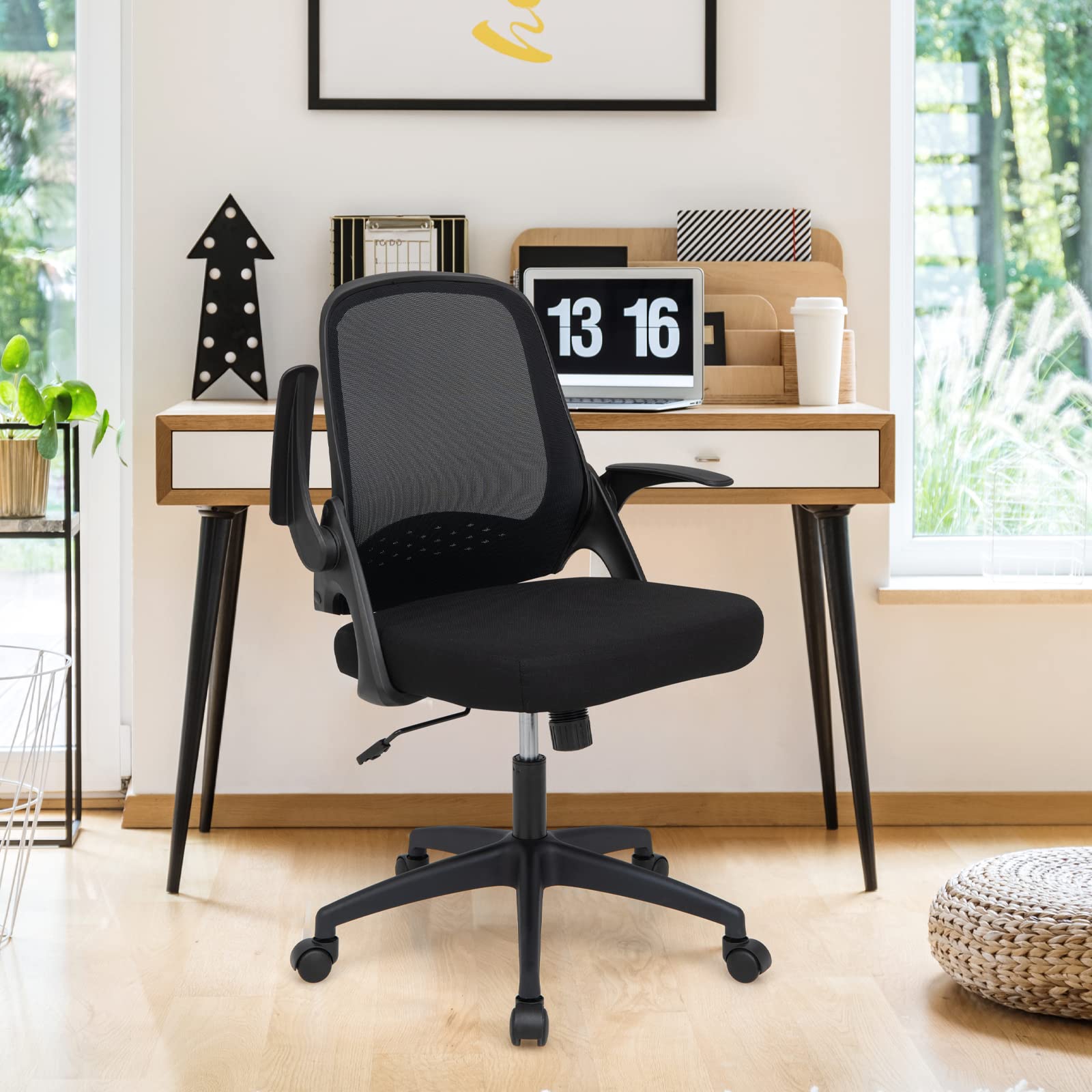 Mid-Back Height Adjustable Swivel Mesh Office Chair with Flip-up Armrests, Lumbar Support