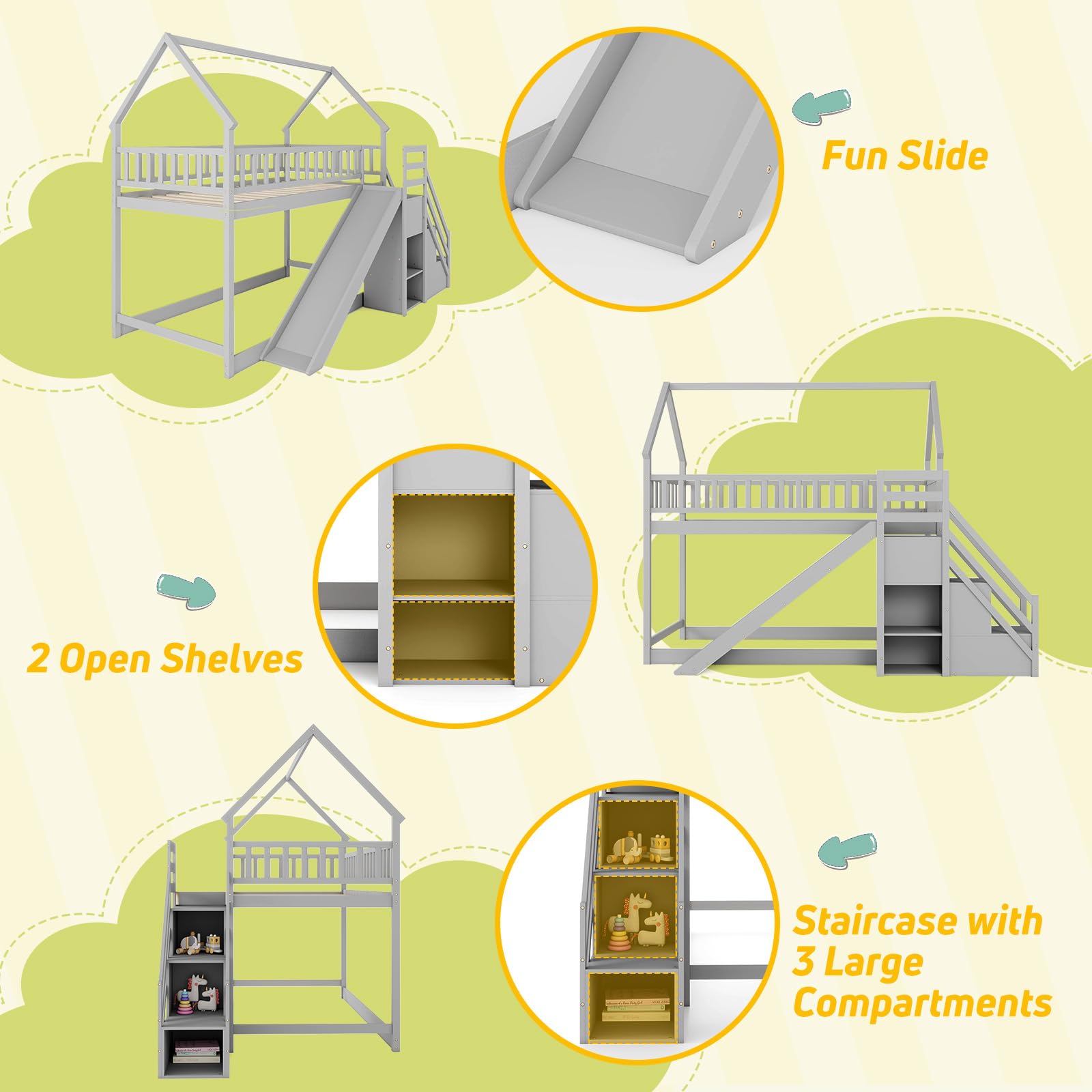 Twin Over Twin  Wood House Bunk Bed with Slide & Stairs, Storage Shelves