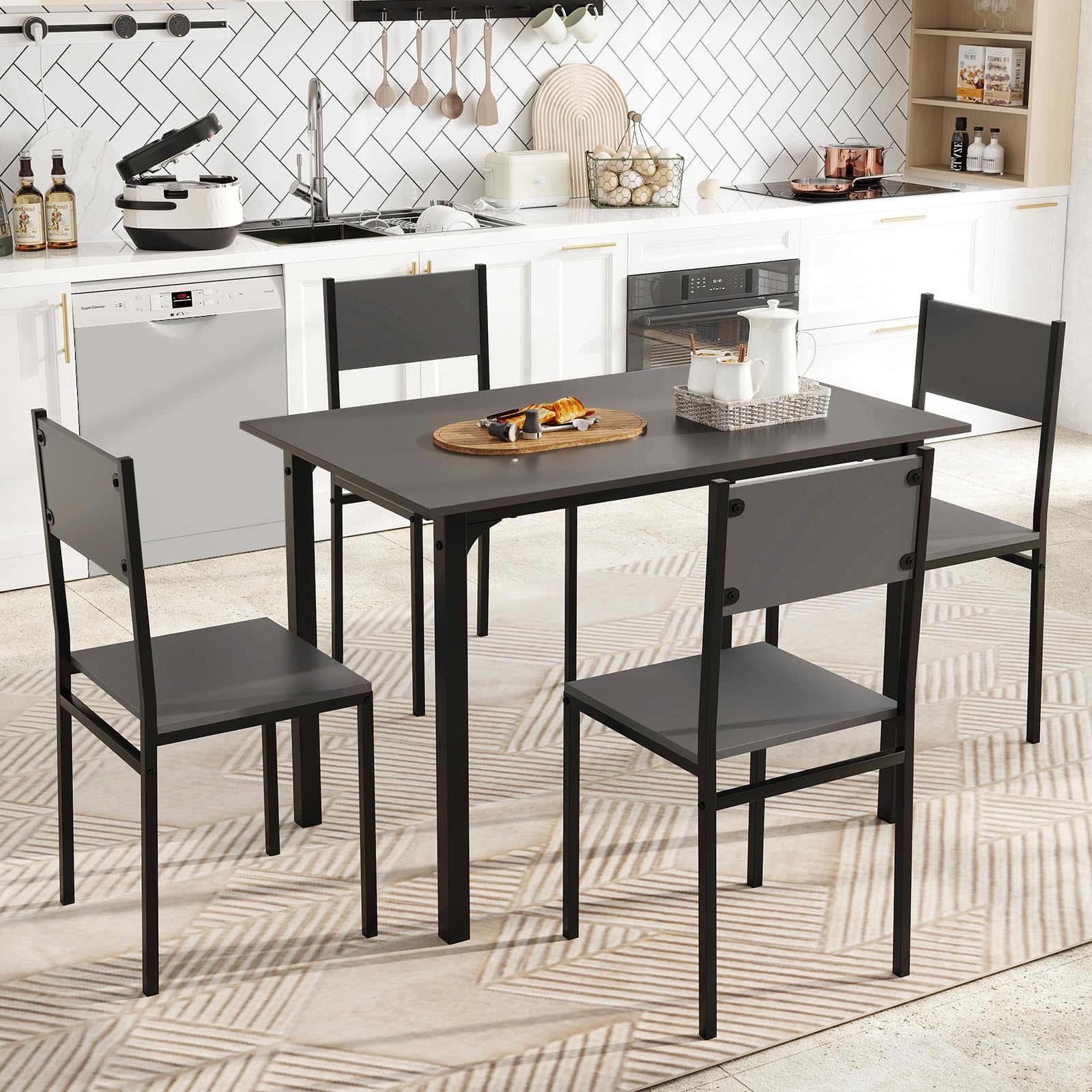 5-Piece Dining Table Set, Industrial Kitchen Table and Chairs for 4 with Backrest and Metal Frame