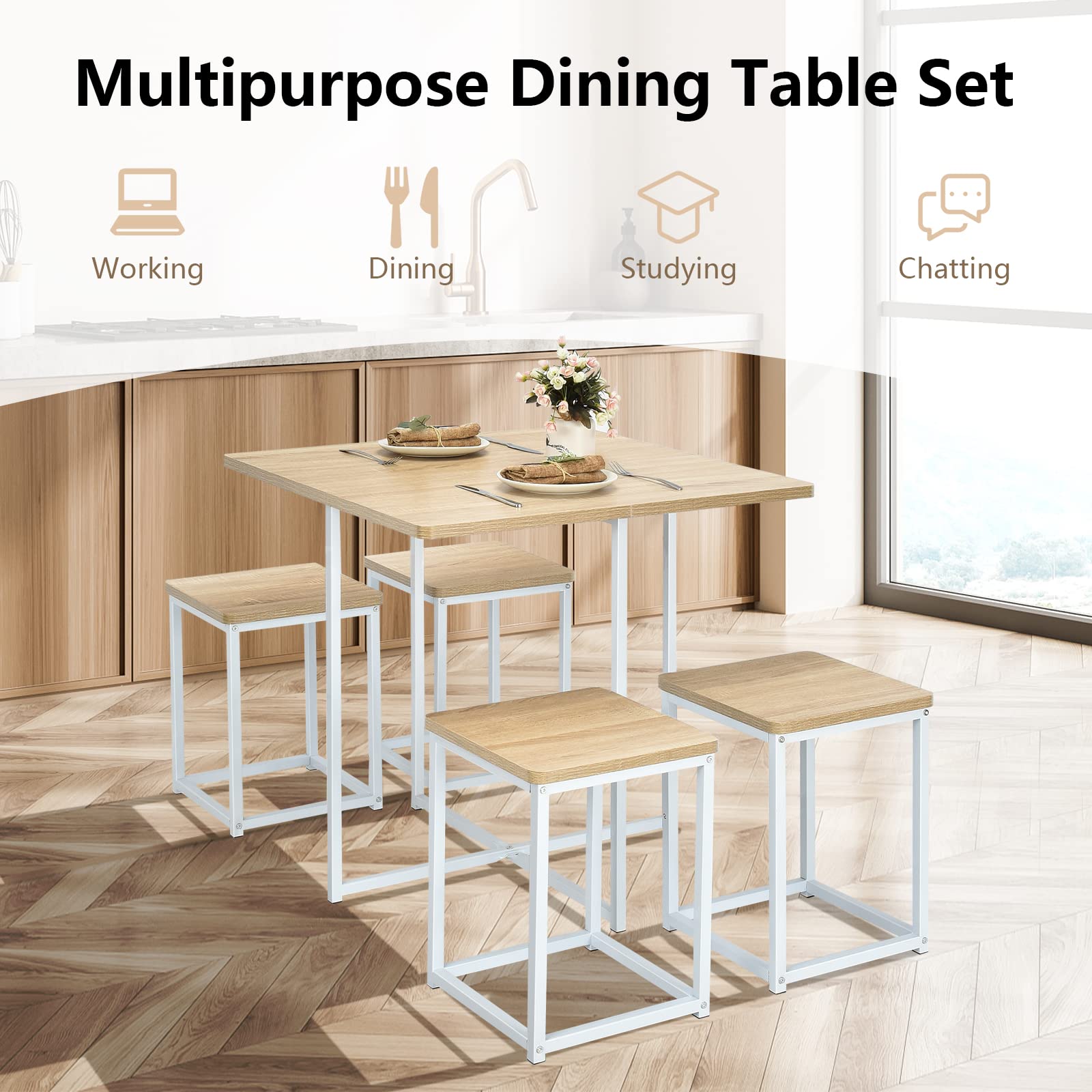 5 Piece Dining Table Set, Counter Kitchen Table and Chair Set for 4 Includes 1 Square Table and 4 Stools