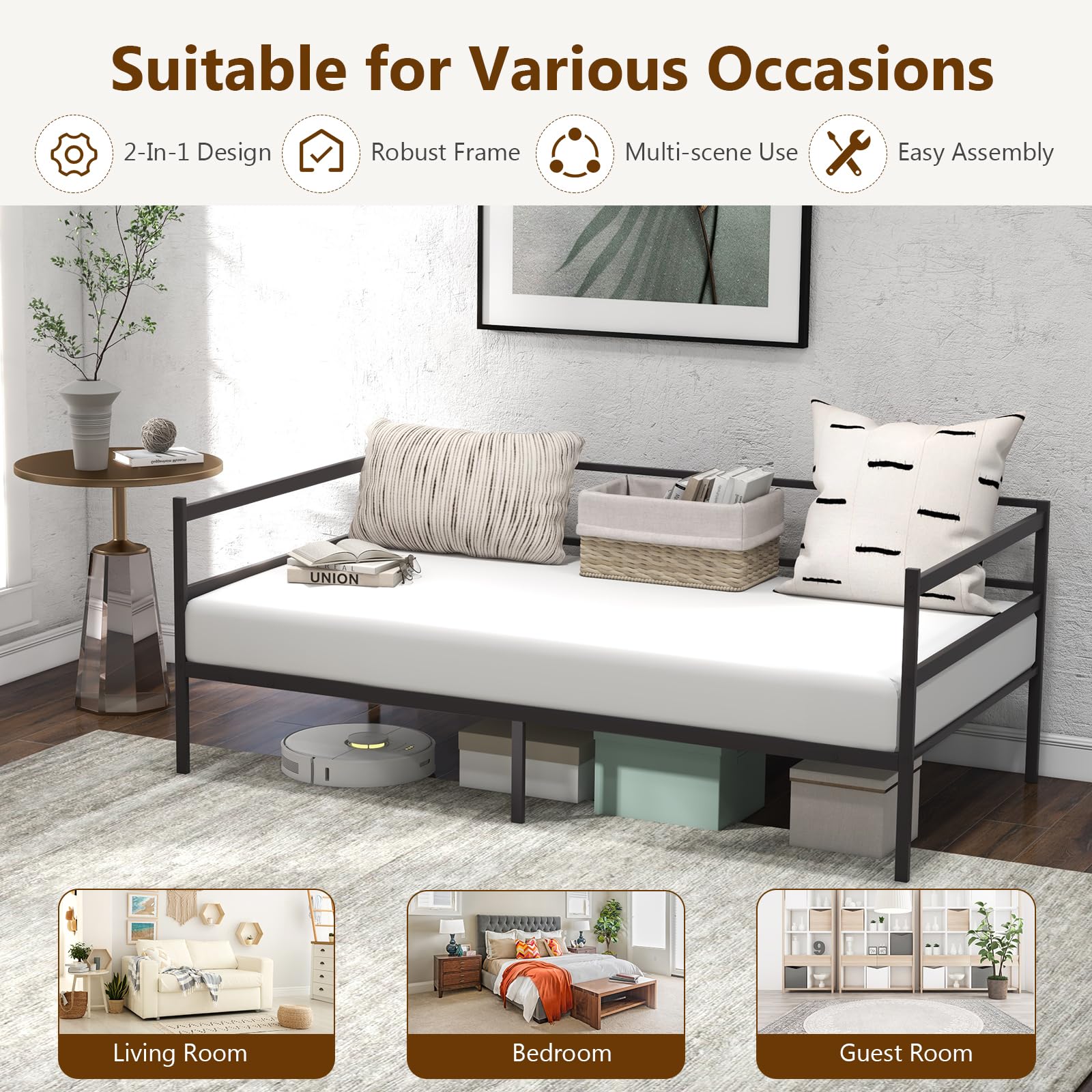 Metal Twin Daybed with Heavy Duty Slat Support, Space Saving Sofa Bed