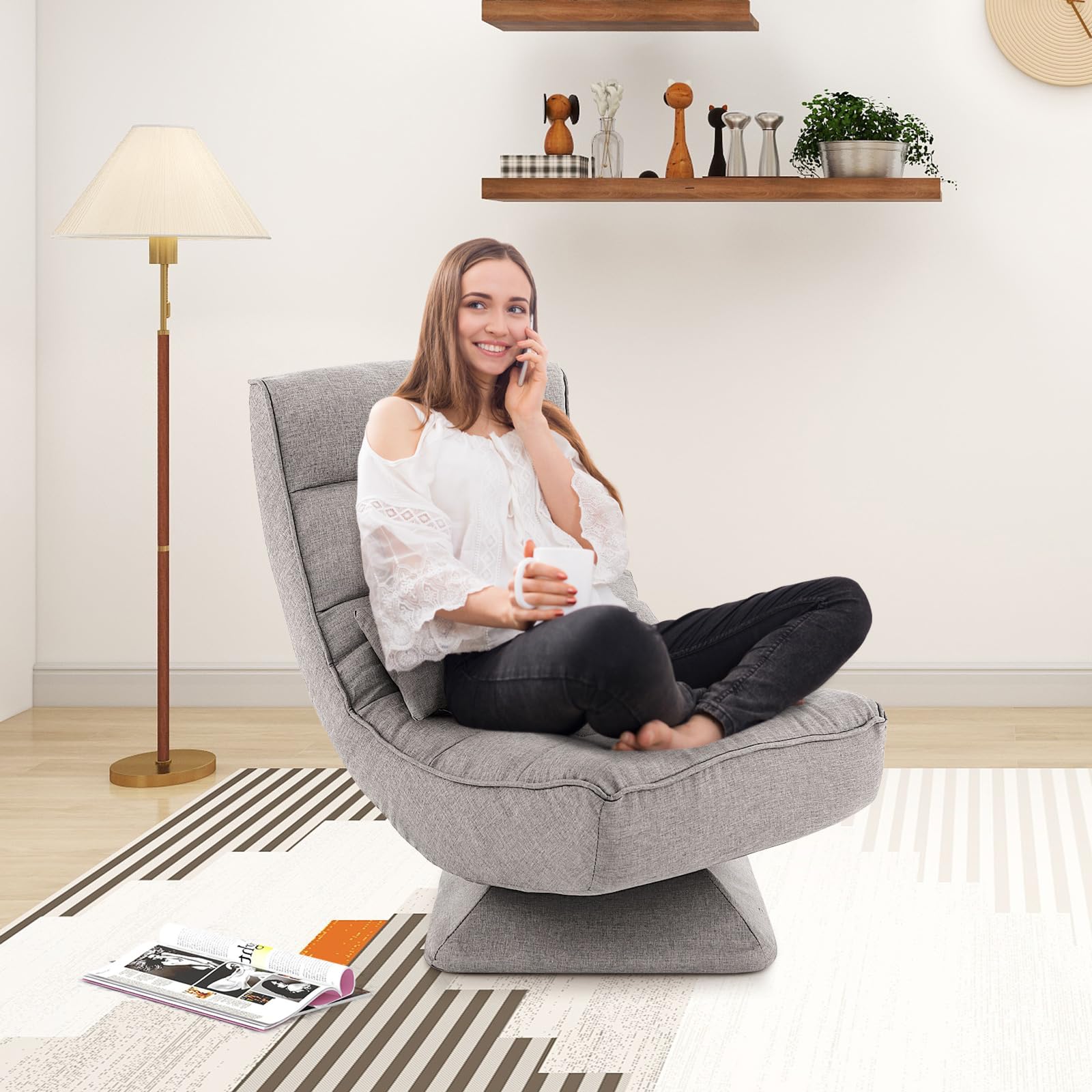 Adjustable Swivel Floor Chair, 5 Position Video Game Chair with Massage Lumbar Pillow, Swivel Base, Steel Frame