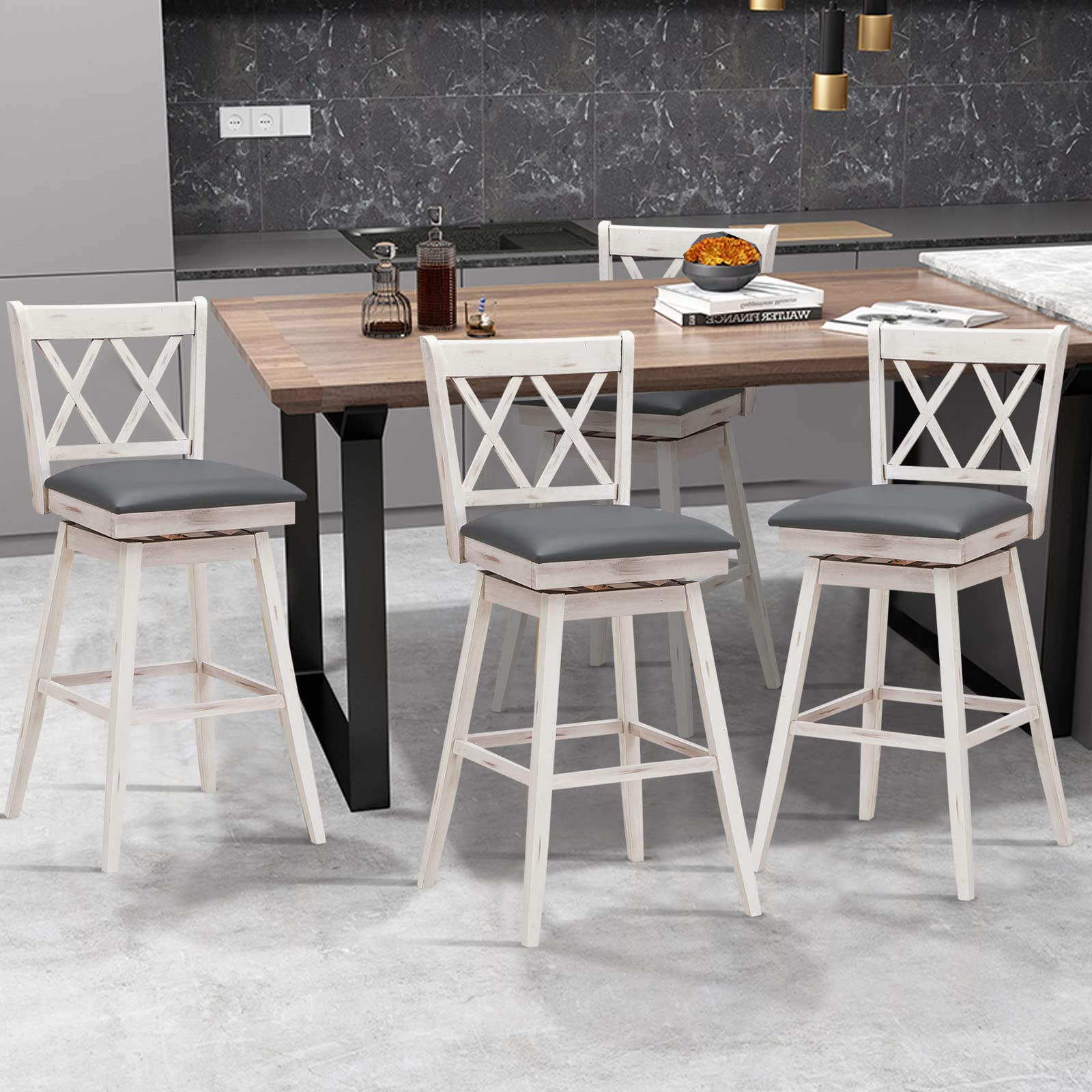 360 &deg; Swivel Bar Stool Set of 2/4 with Foot Rest Upholstered Cushion & Ergonomic Backrest