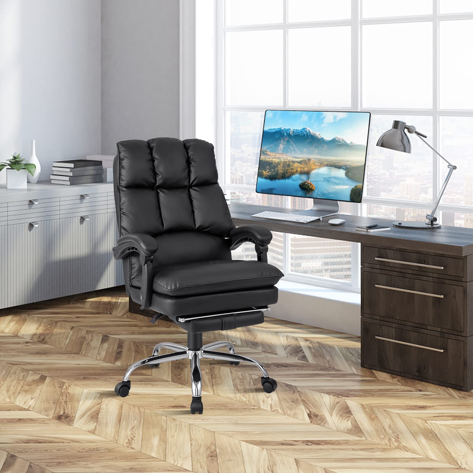 Ergonomic Office Chair with Footrest, PU Leather Reclining Chair with Padded Armrests & Soft Cushioned
