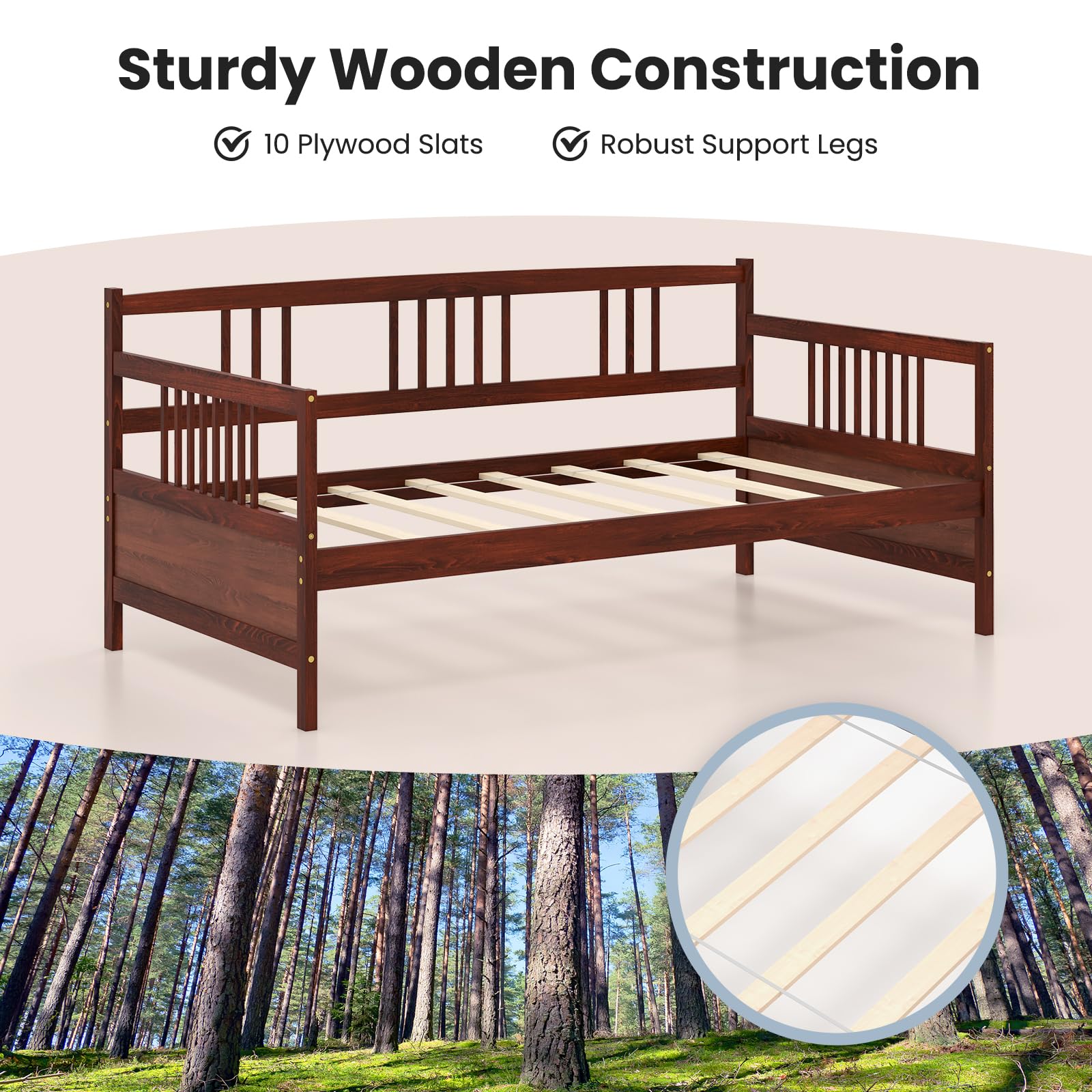 Twin Daybed Frame, Wooden Sofa Bed Guest Bed with Rails & Wood Slat Support