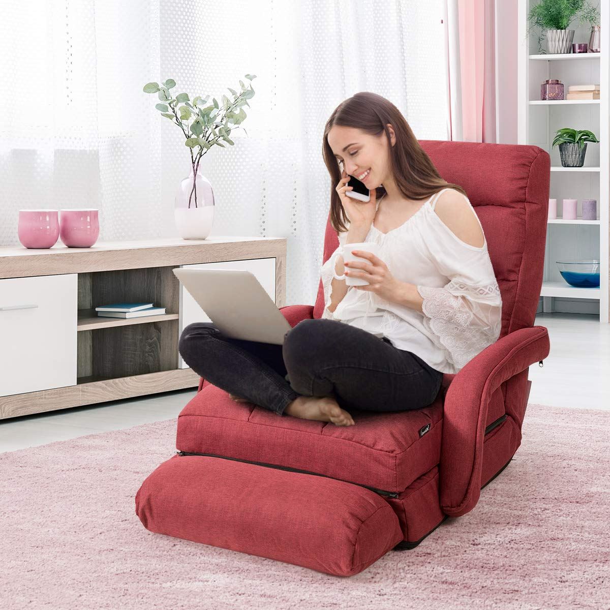 Adjustable Floor Chair, Folding Lazy Sofa Chair with 5 Positions, Detachable Seat Cushion