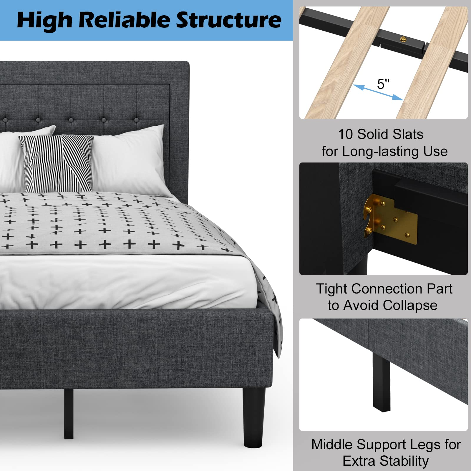 Twin Size Linen Upholstered Platform Bed Frame with Button Tufted Headboard and Wooden Slats