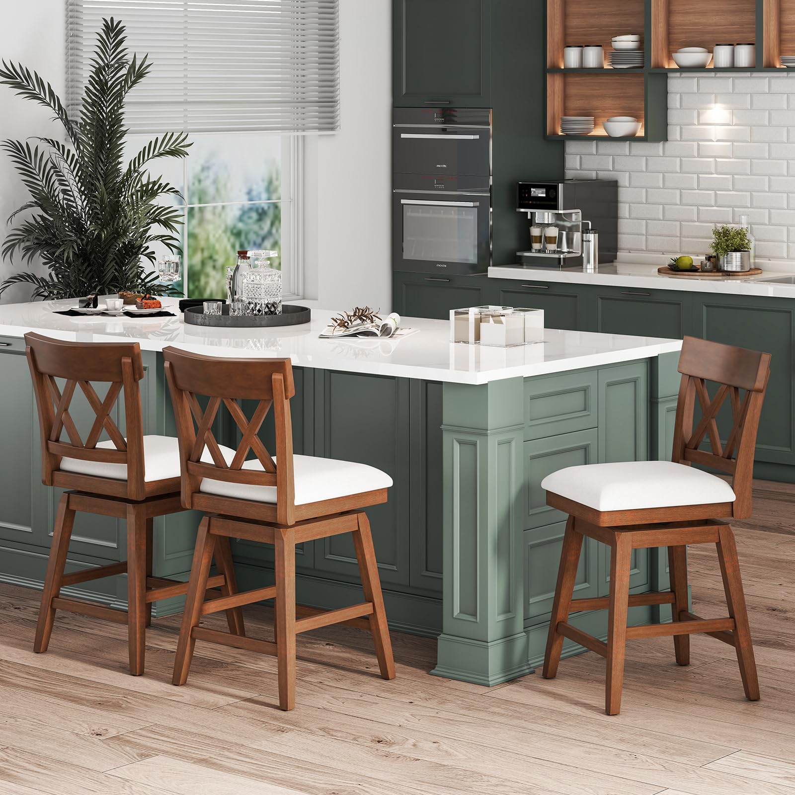 Swivel Counter Height Bar Stool with Contoured Backrest, Padded Seat & Rubber Wood Legs