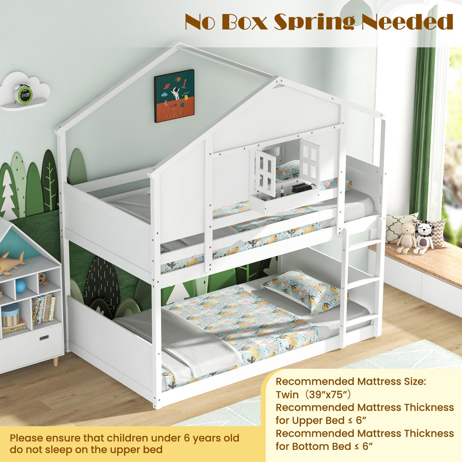 Twin Over Twin Wood House Bunk Bed for Kids with Roof, Window Door, Storage Box, Safety Guardrails, Wood Slats & Ladder