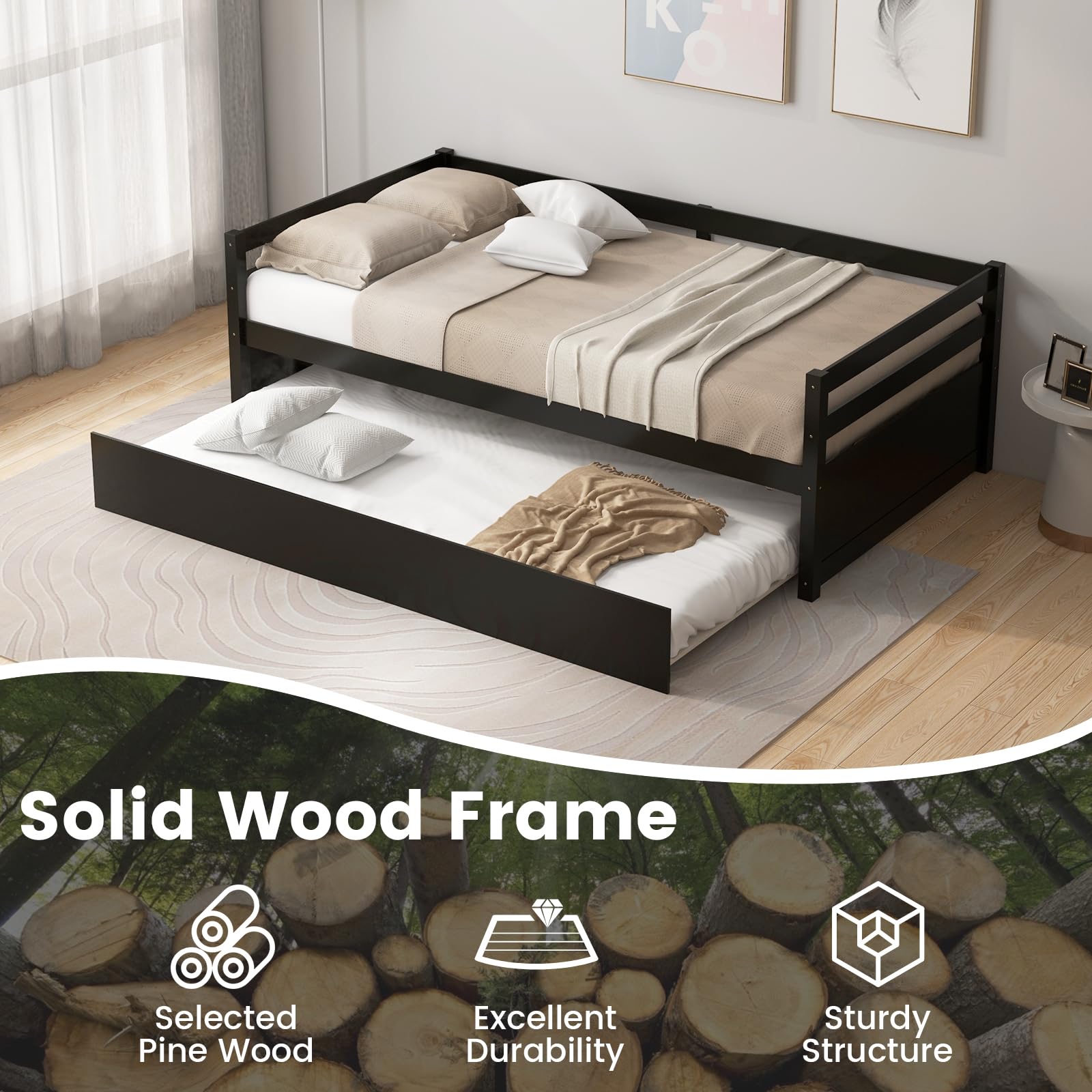 Twin Daybed with Trundle, Wood Trundle Bed with Wood Slat Support