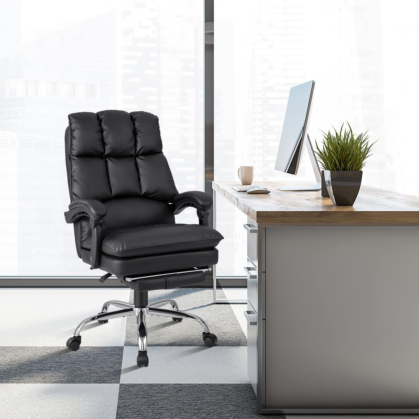 Ergonomic Office Chair with Footrest, PU Leather Reclining Chair with Padded Armrests & Soft Cushioned