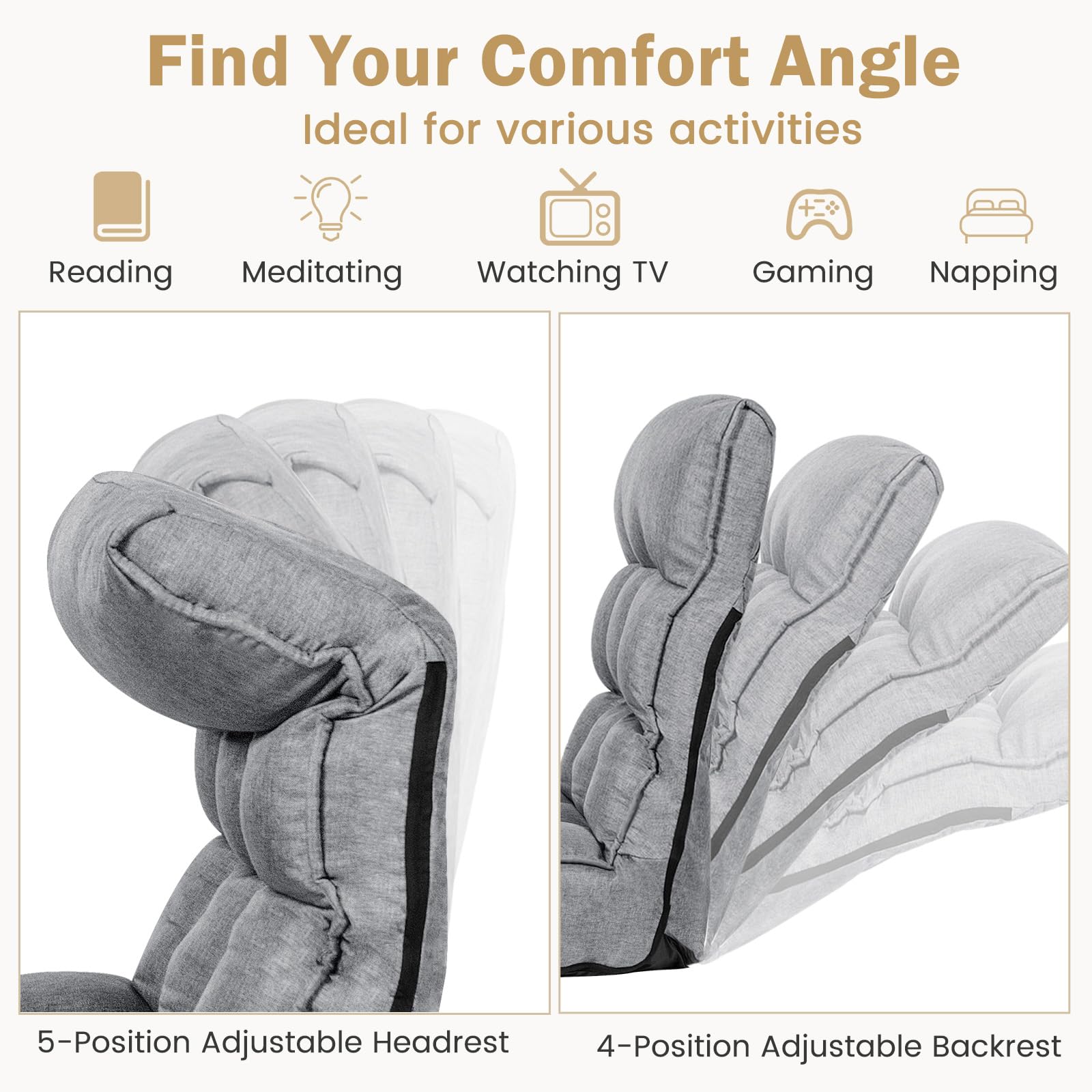 Folding Floor Gaming Chair with 4-Position Adjustable Back, 6-Position Adjustable Headrest, Side Pocket