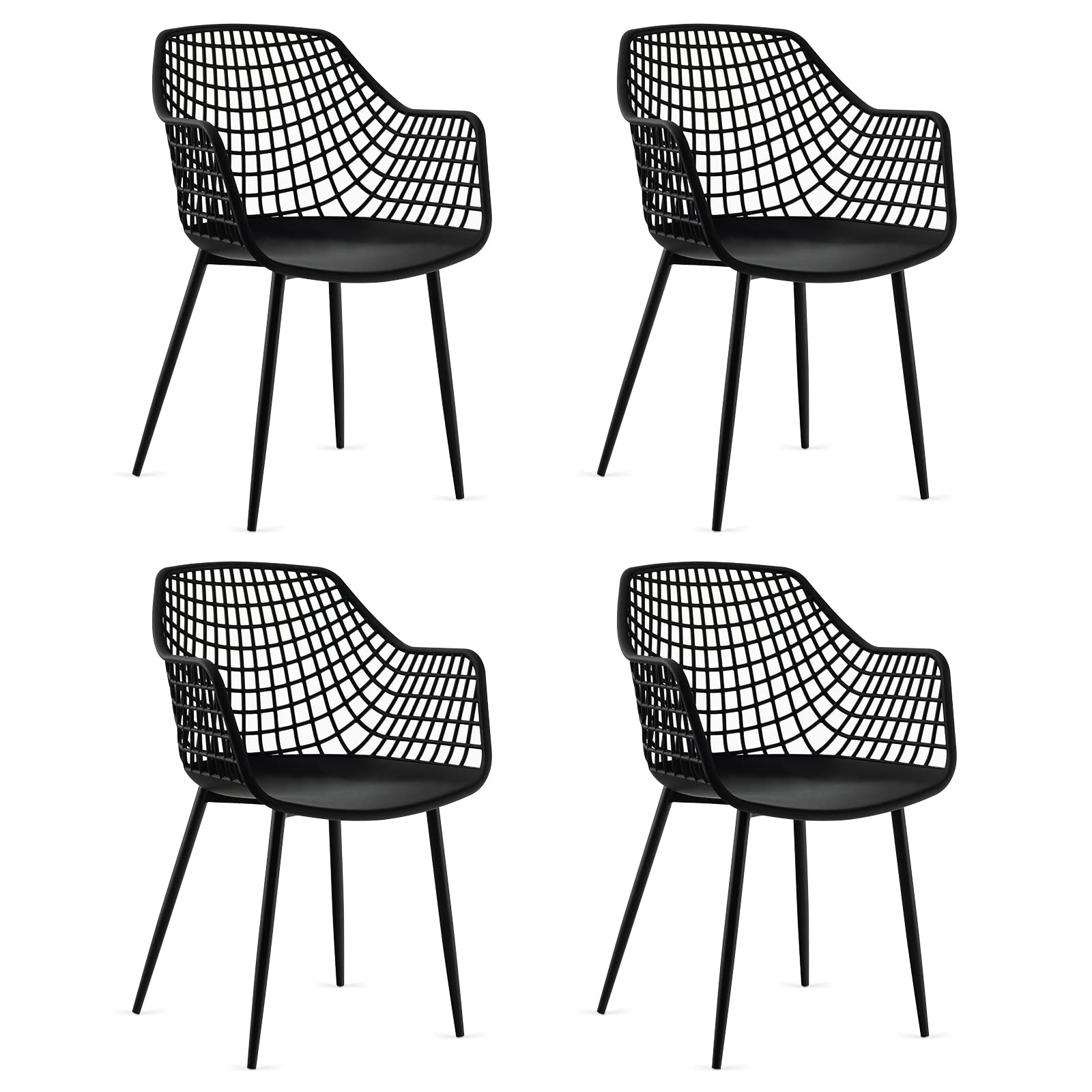 Modern Dining Chairs Set of 4 - Arm Chair with 15" High Backrest, Powder-Coated Metal Legs, Anti-Slip Foot Pads