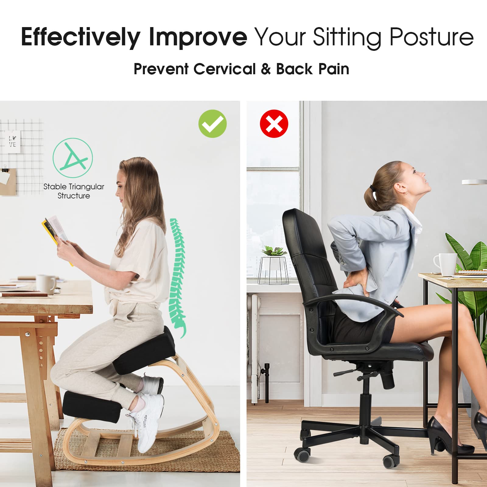 Kneeling Chair, Wood Posture Chair, Max Load 330 Lbs, Rocking Knee Chair with Soft Cushion