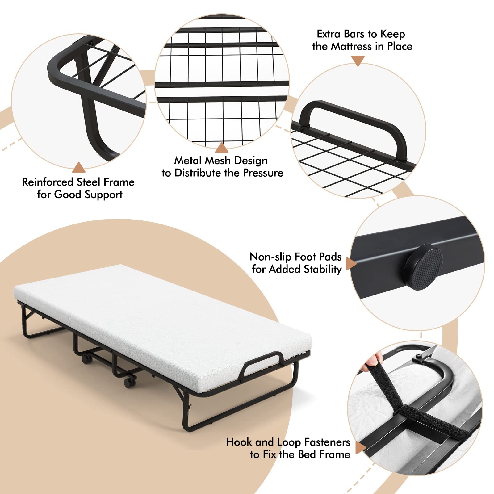 Folding Rollaway Bed with 4" Mattress, Twin Size Portable Bed with Rolling Casters