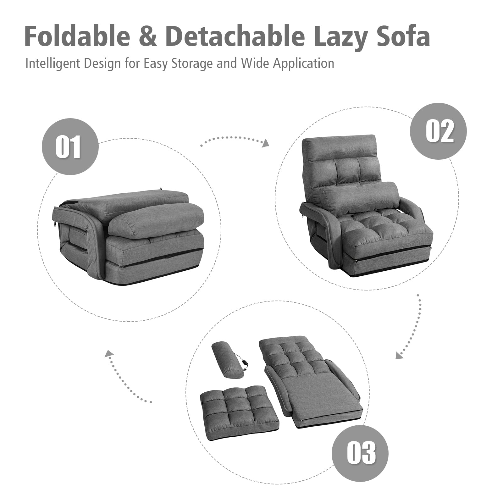 Adjustable Floor Chair, Folding Lazy Sofa Chair with 5 Positions, Detachable Seat Cushion
