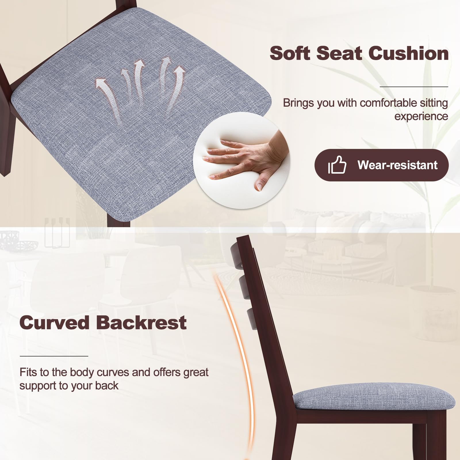 Wood Dining Chairs Set of 2/4, Upholstered Kitchen Chair with Solid Rubber Wood Frame