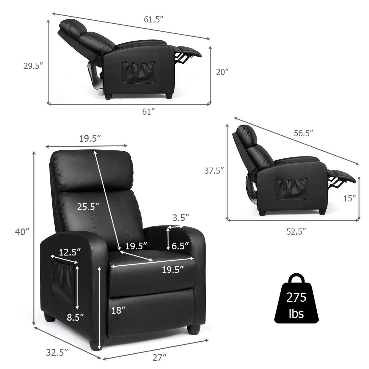 Recliner Chair for Living Room, Recliner Sofa Wingback Chair w/Massage Function