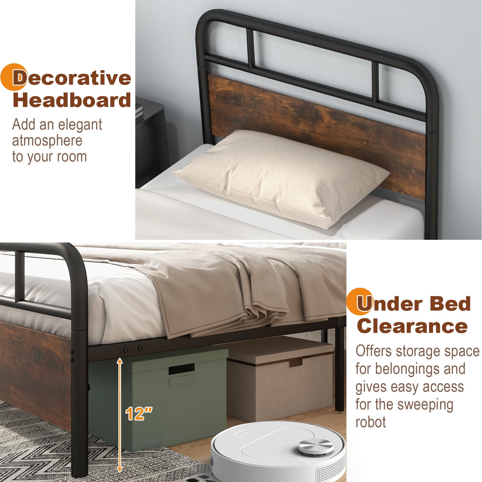 Industrial Metal Bed Frame with Wood Headboard and Footboard, Rustic Brown