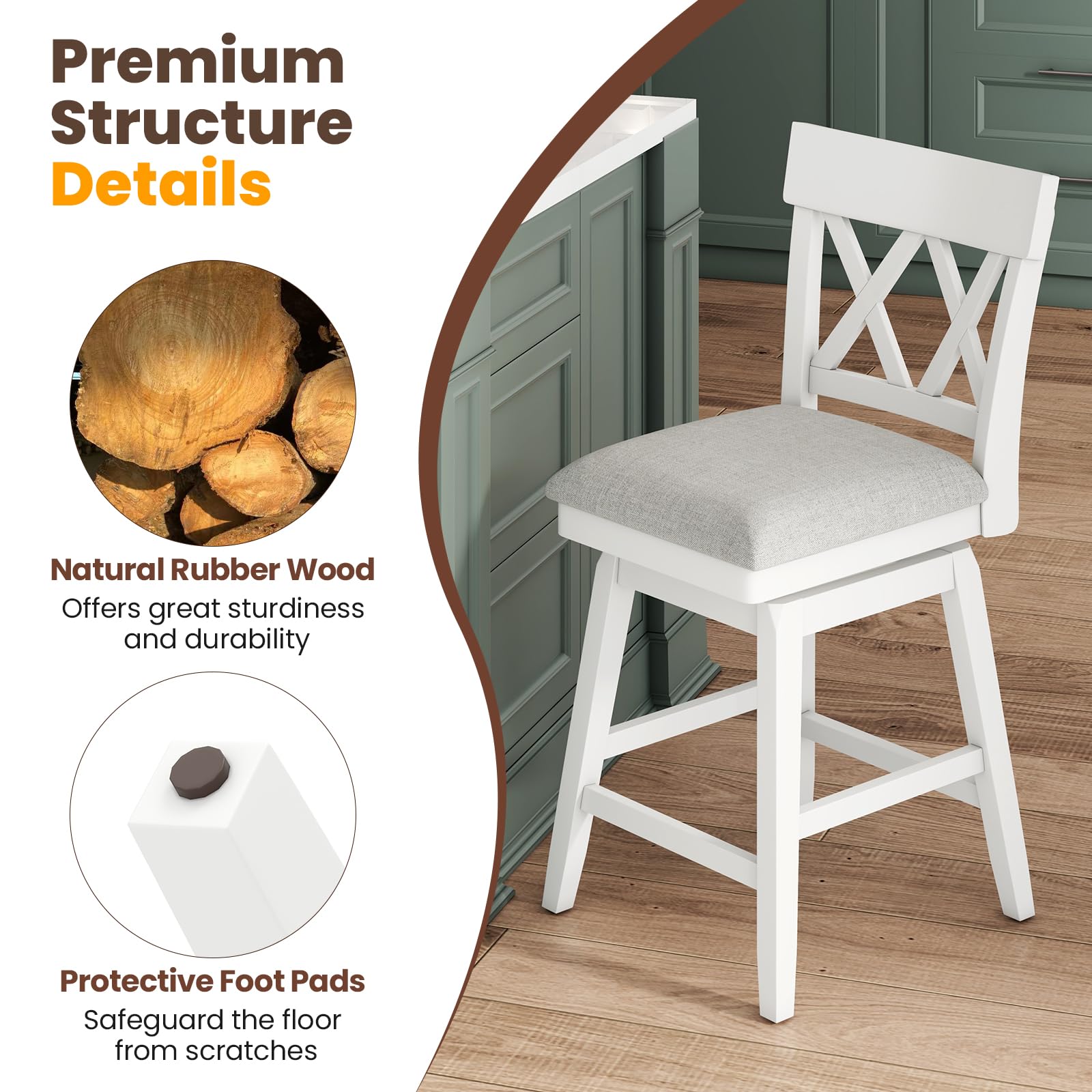 Swivel Counter Height Bar Stool with Contoured Backrest, Padded Seat & Rubber Wood Legs