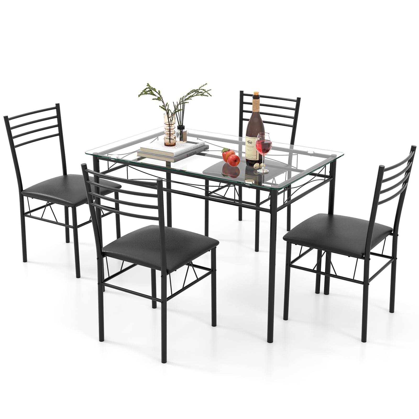 5 Piece Dining Table Set with Tempered Glass Table Top and 4 Upholstered Chairs