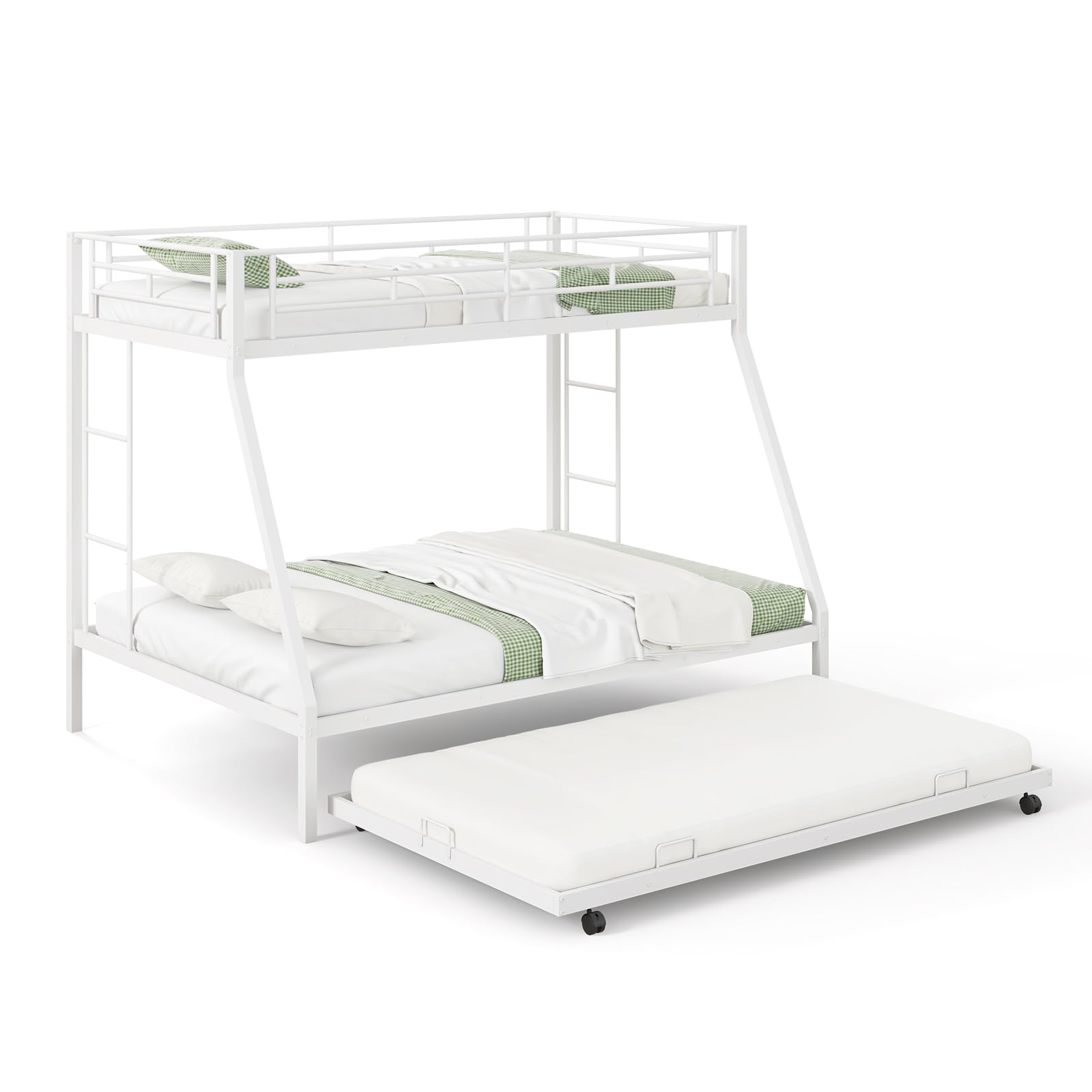 Twin Over Full Heavy-Duty Metal Bunk Bed with Trundle, Guardrail & 2 Ladders