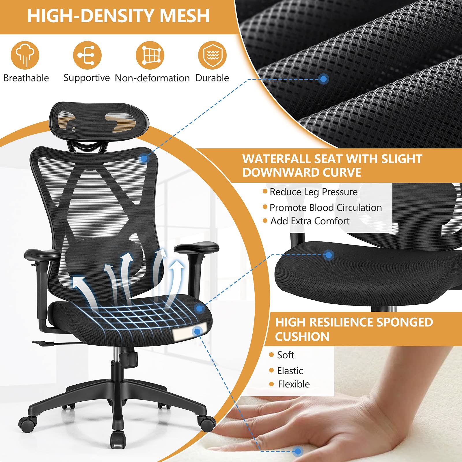 Ergonomic Office Chair with Adjustable Lumbar Support, Armrests and Headrest