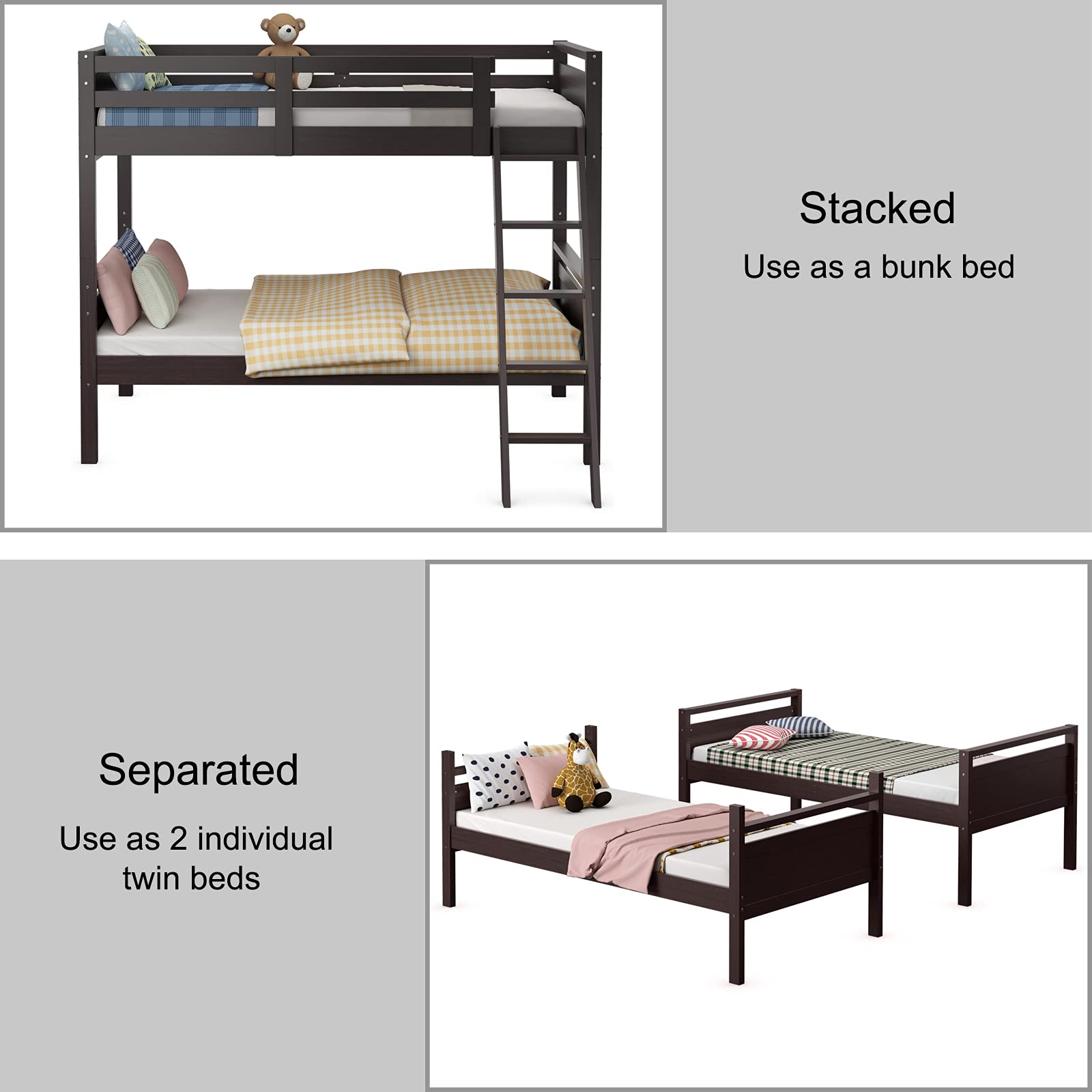 Twin-Over-Twin Wood Bunk Bed, Multifunction Convertible 2 Individual Beds