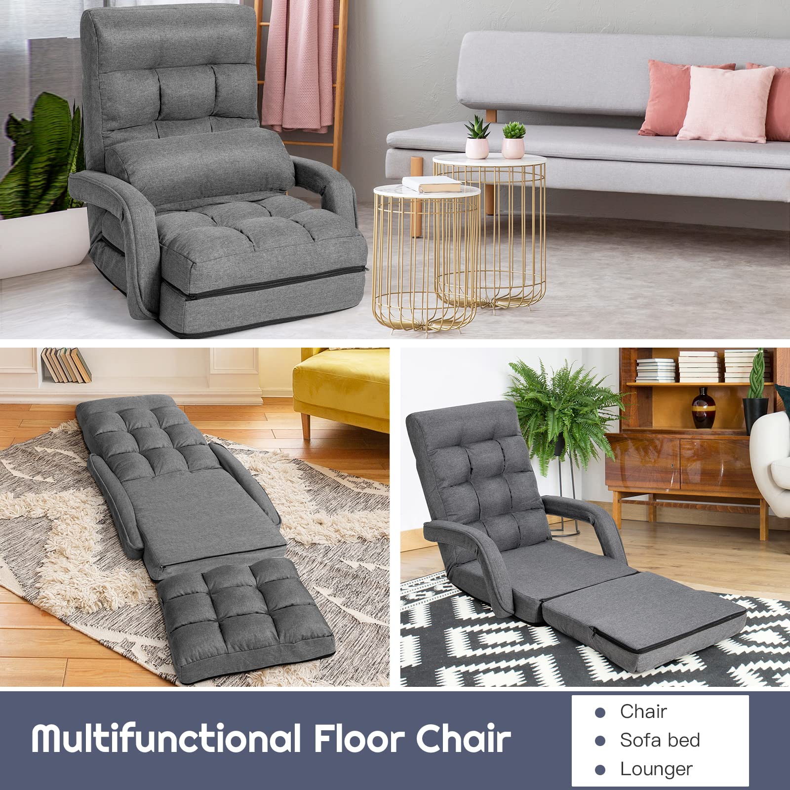 Adjustable Floor Chair, Folding Lazy Sofa Chair with 5 Positions, Detachable Seat Cushion