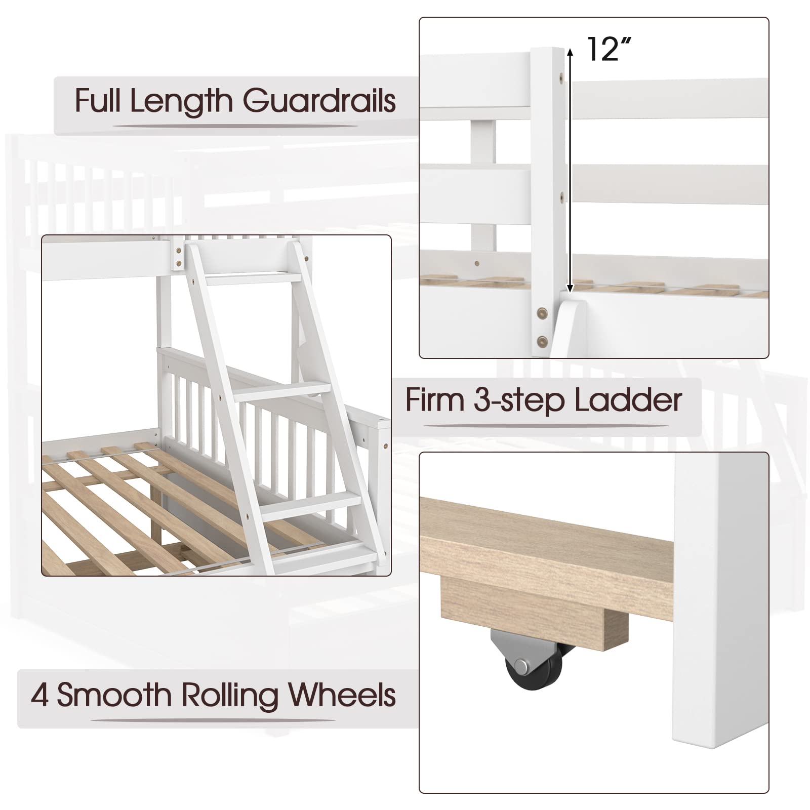 Wood Twin Over Full Bunk Bed with Solid Pine Wood Frame