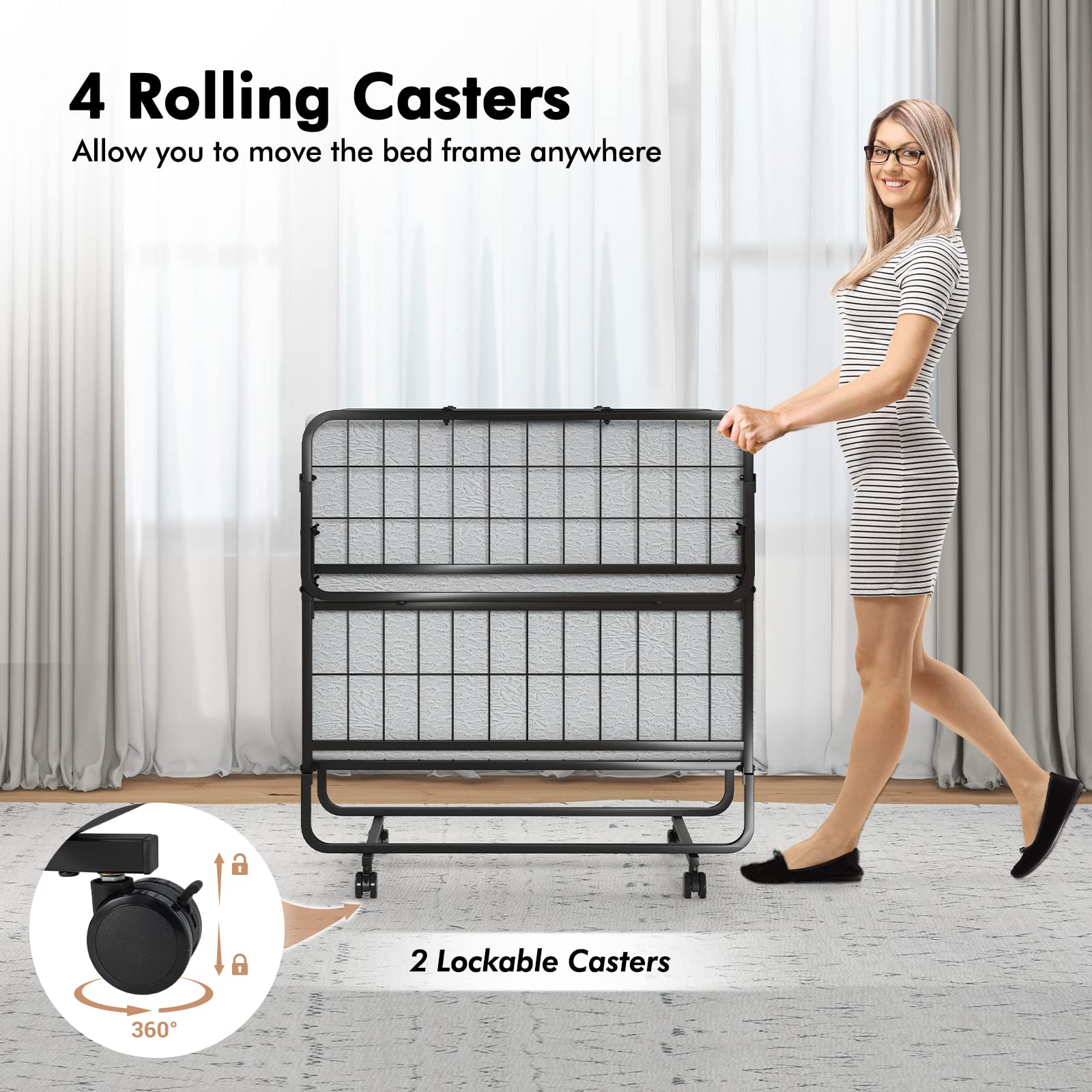 Folding Rollaway Bed with 4" Mattress, Twin Size Portable Bed with Rolling Casters