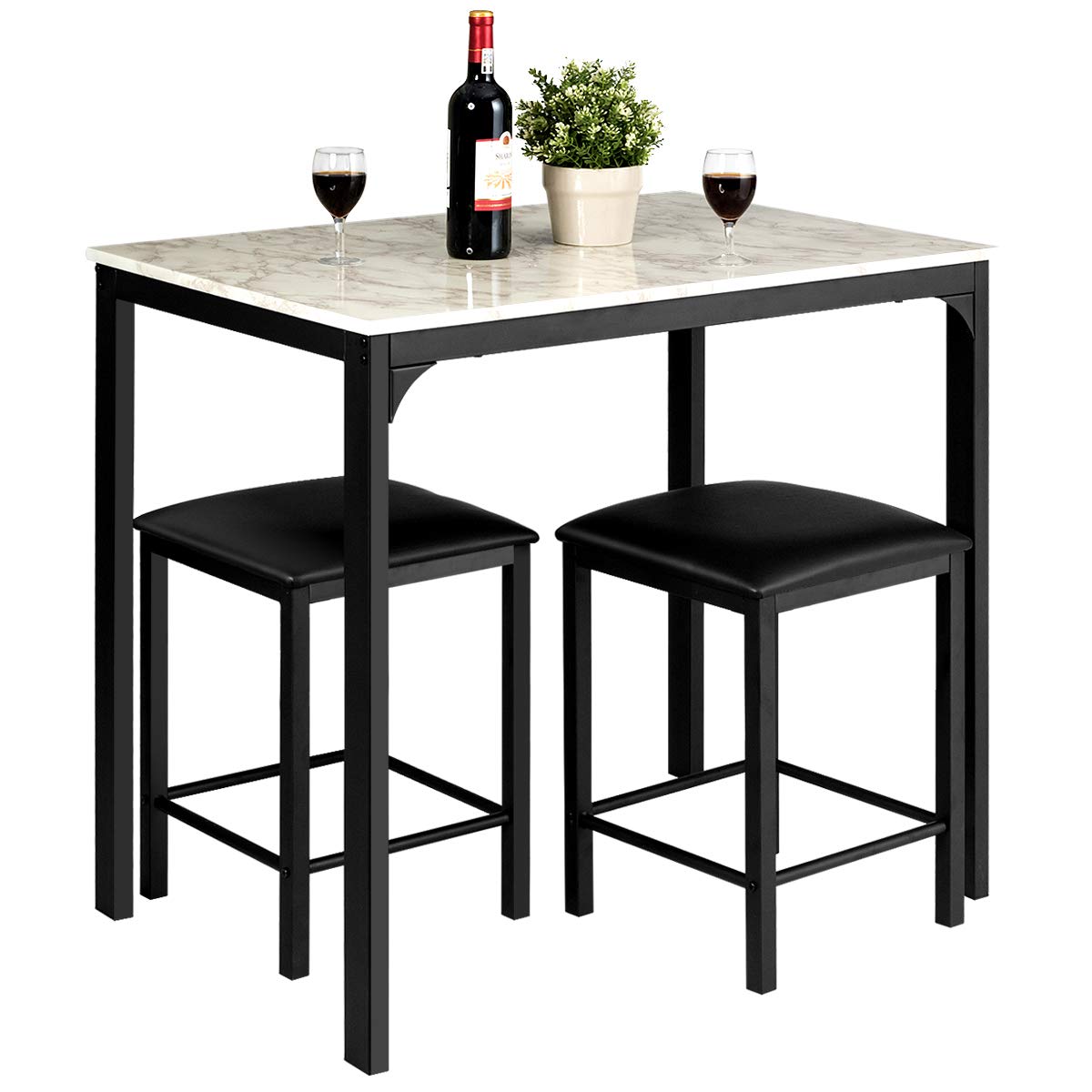 3 Piece Dining Table and Chairs Set with Faux Marble Tabletop 2 Chairs