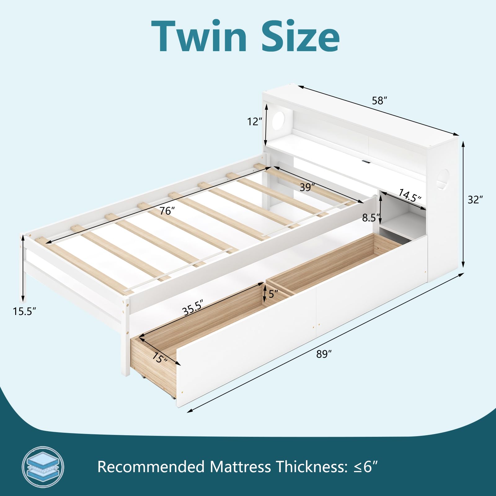 Wood Twin Bed Frame with Storage Drawer & Headboard, Modern Platform Bed with Charging Station & LED Light