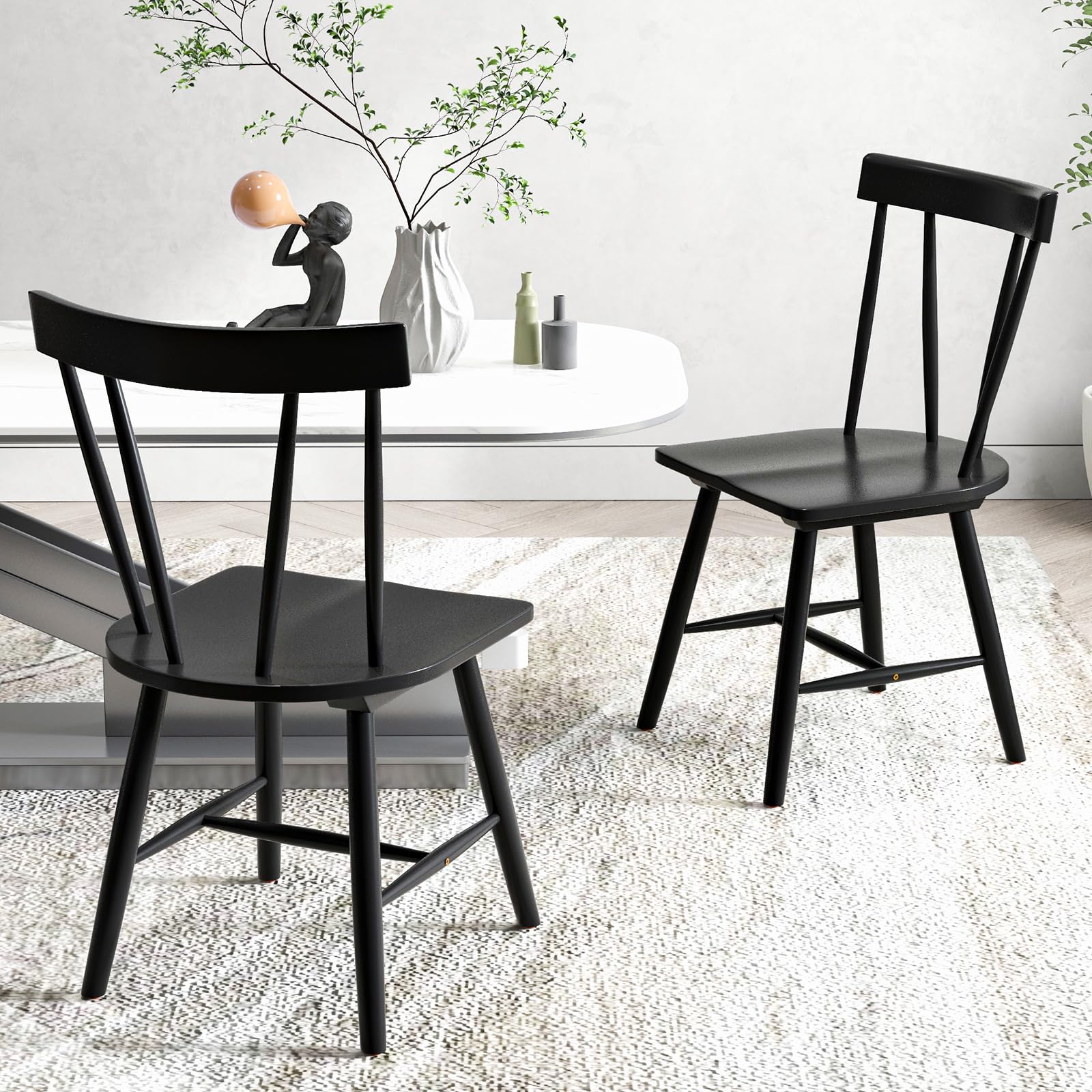 Set of 2/4 Windsor Chairs, Rubber Wood Dining Chairs with Spindle Back, Wide Seats, Anti-Slip Foot Pads