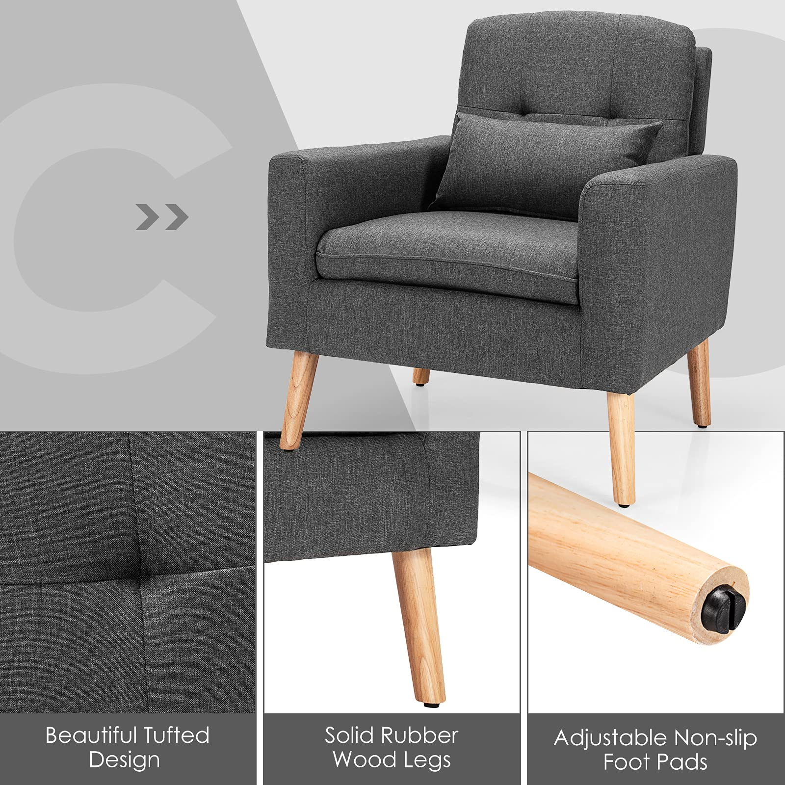 Modern Linen Accent Chair, Upholstered Tufted Armchair with Lumbar Pillow, Rubber Wood Legs, Padded Cushion