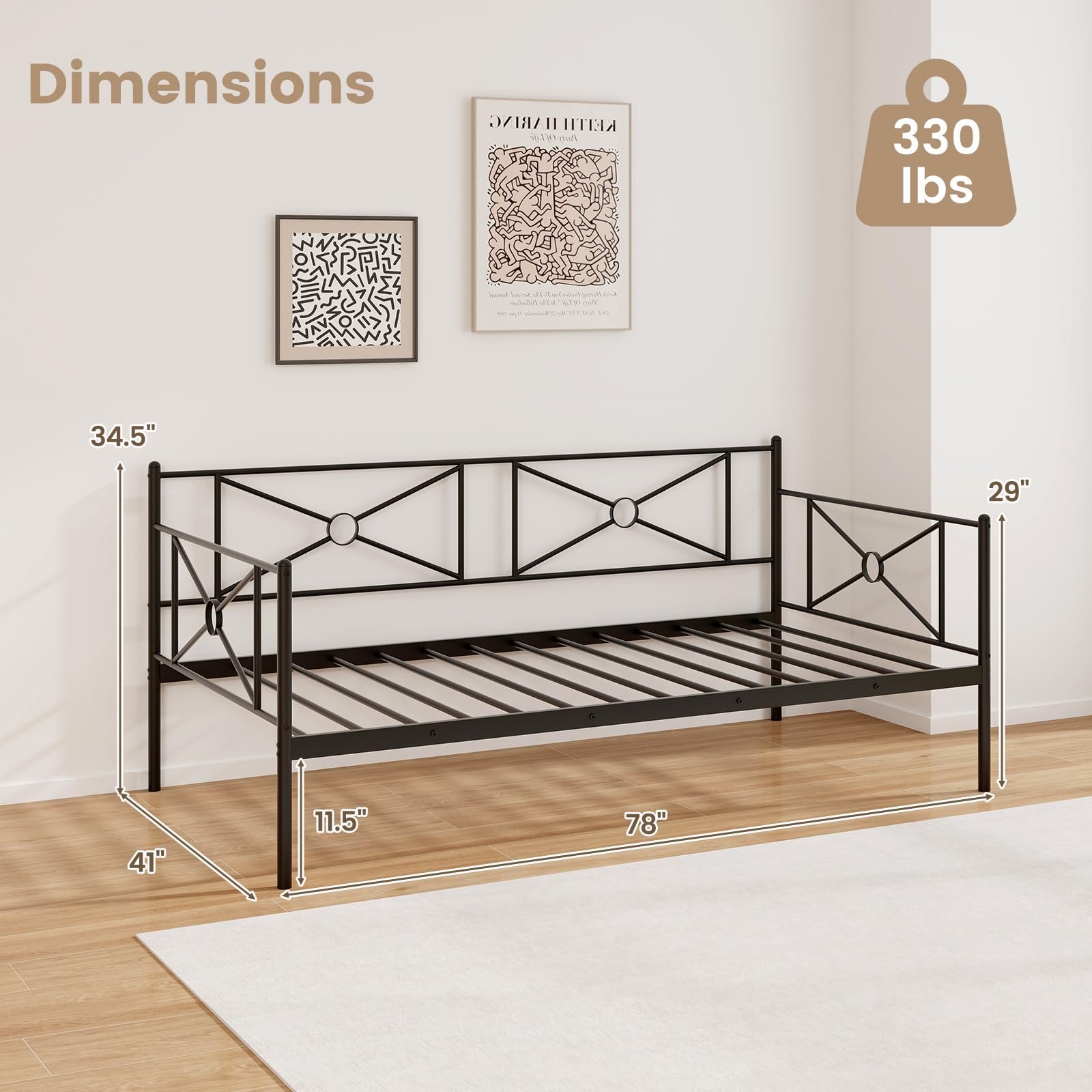 Twin Size Metal Daybed, Multifunctional Sofa Guest Bed with Headboard