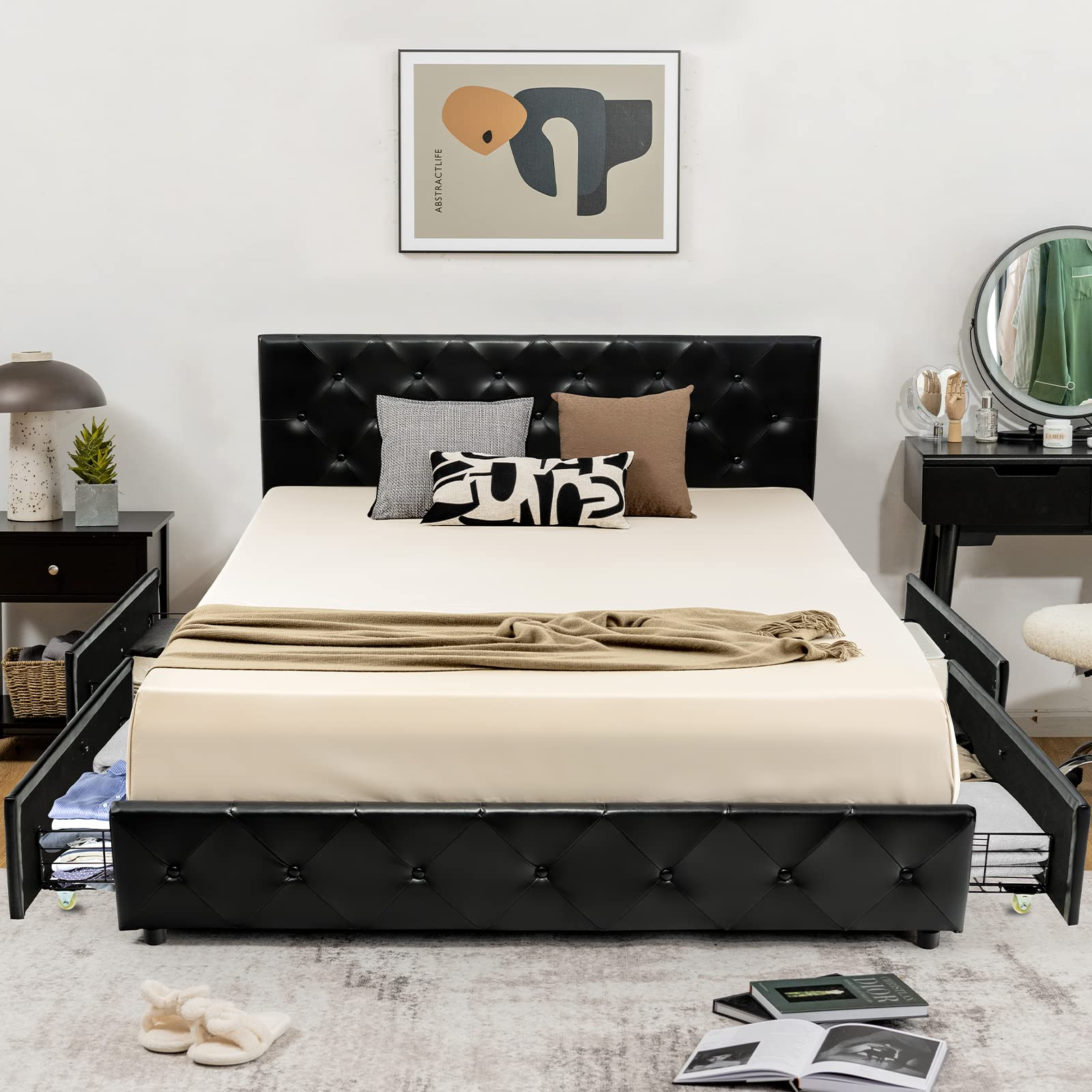 Upholstered PU Leather Platform Bed Frame with 4 Storage Drawers