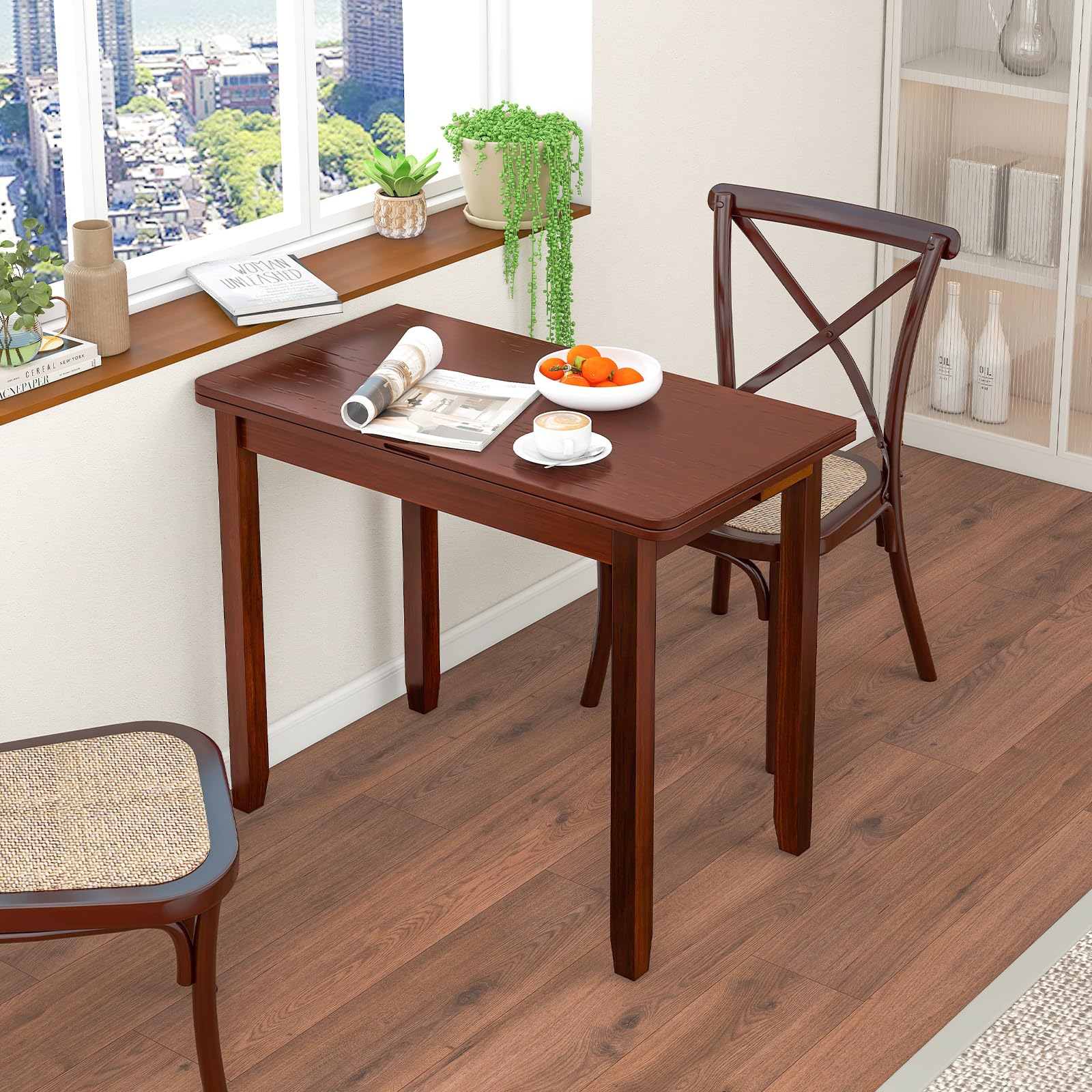 Folding Dining Table for 4, Extendable Kitchen Table w/Hidden Storage & Rubber Wood Frame