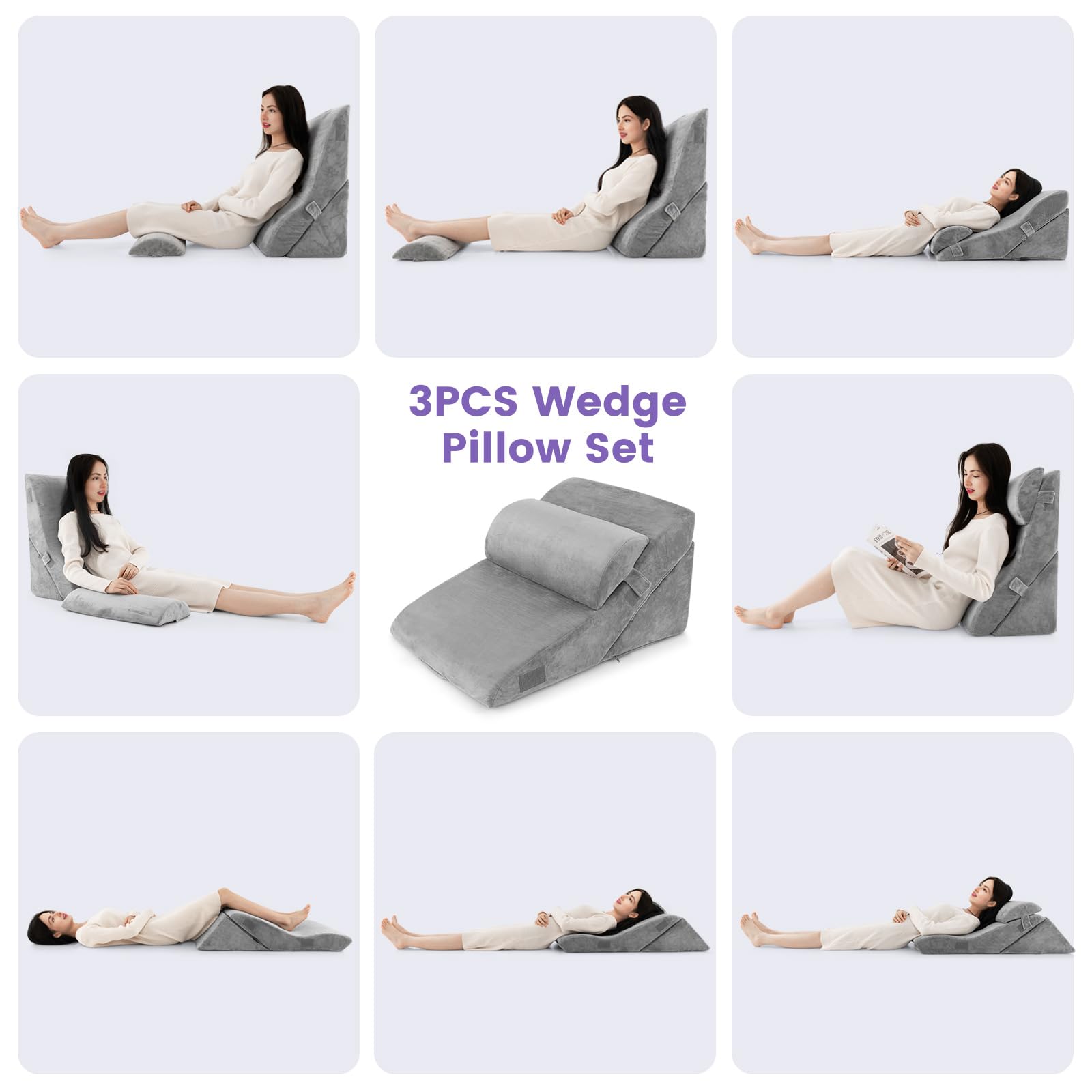 3PCS Orthopedic Bed Wedge Pillow Set, Adjustable Support Pillows for Back, Neck and Leg