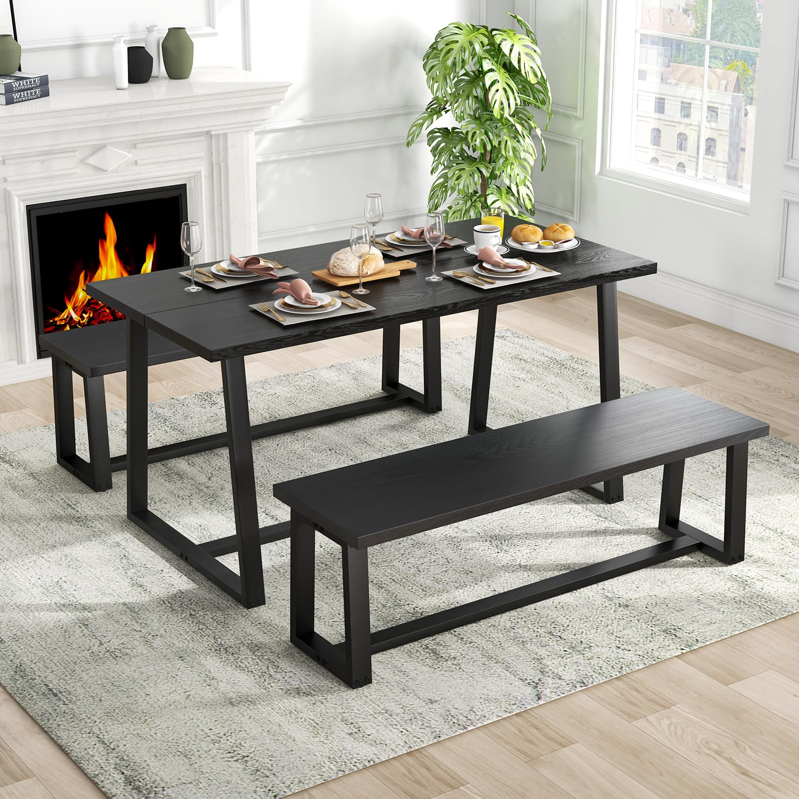 63" Rectangular Large Dining Table for 4-6, Mid-Century Kitchen Table w/Heavy-Duty Metal Frame
