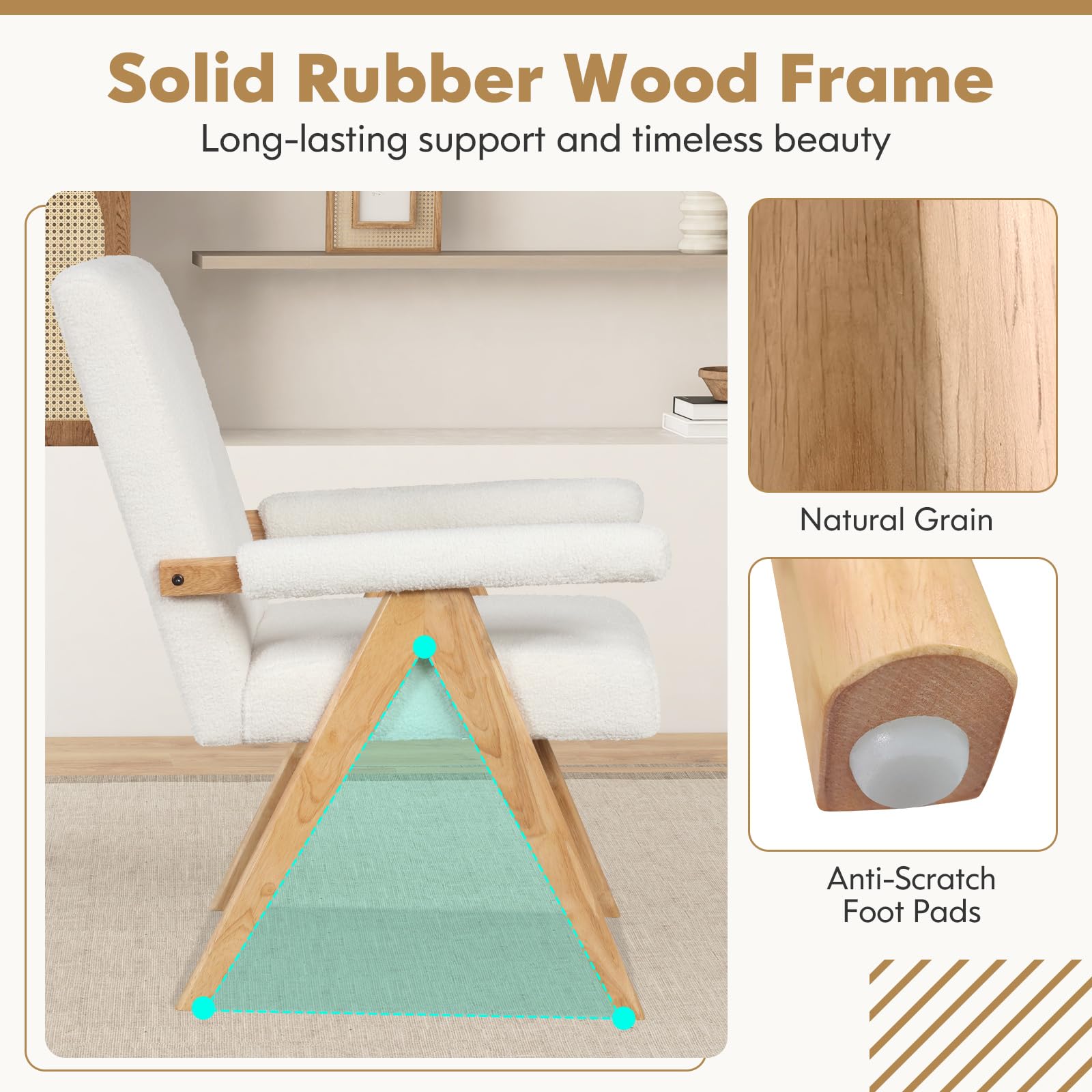 Mid-Century Modern Accent Chair, Sherpa Fabric Reading Chair with Padded Armrests, Solid Rubber Wood Frame
