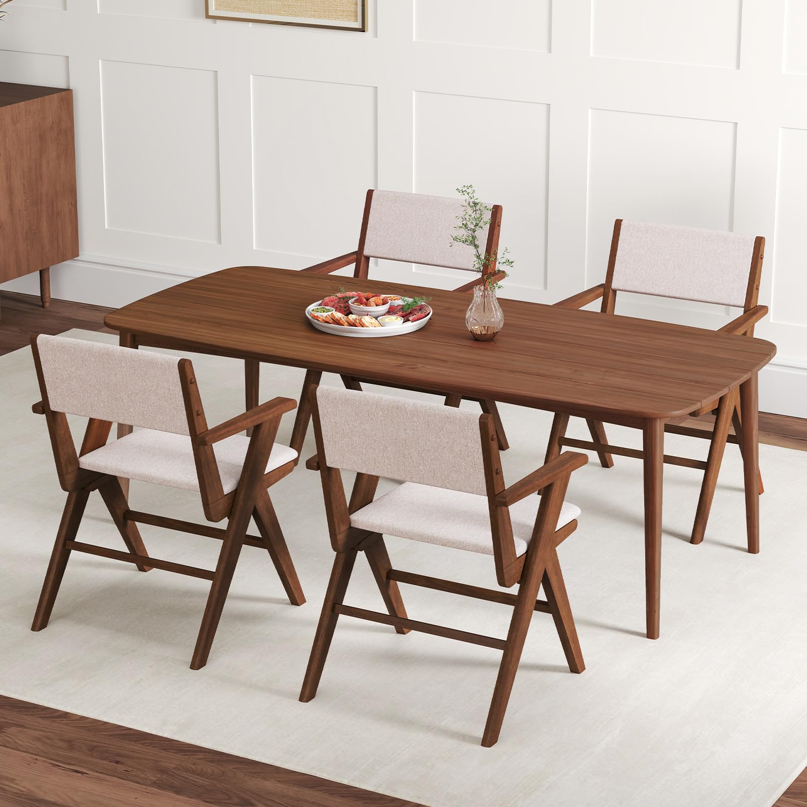 Wooden Dining Chairs Set of 2/4 w/Armrests, Rubber Wood Frame, Padded Seat & Back