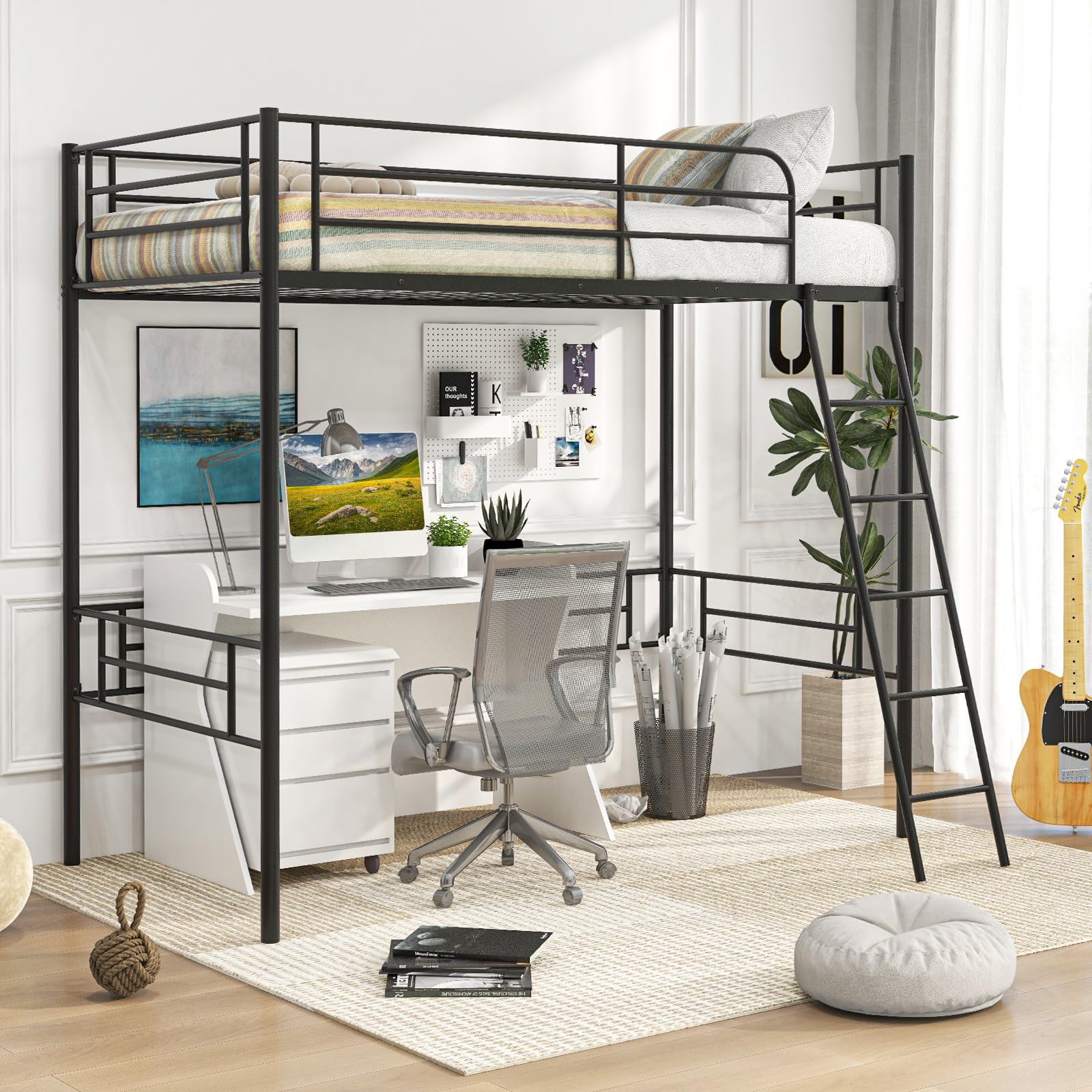 Twin Size Loft Bed, Metal Loft Bed Frame with Ladder & Safety Guardrail