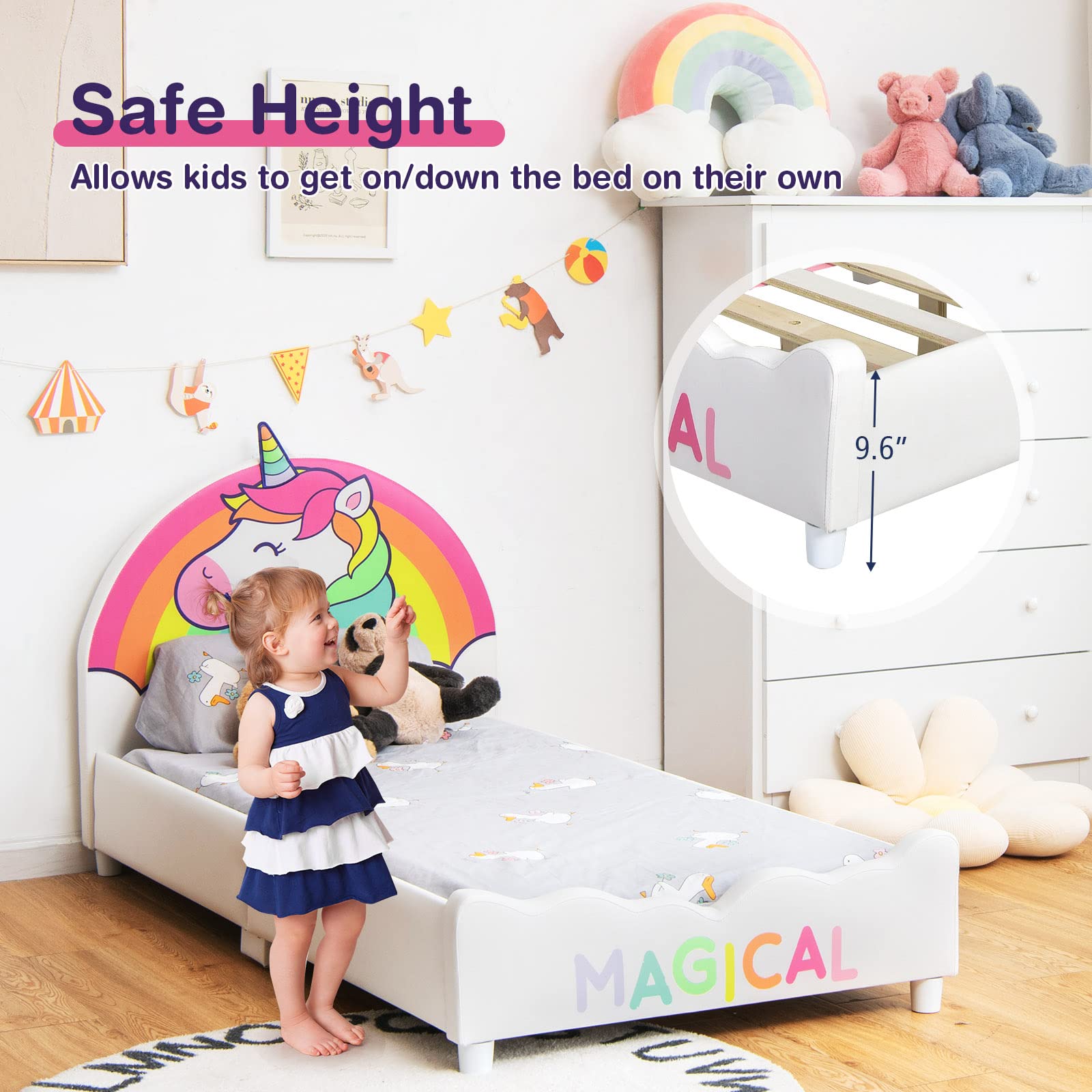 Kids Bed, Toddler Upholstered Platform Floor Bed w/Headboard & Wooden Slat Base